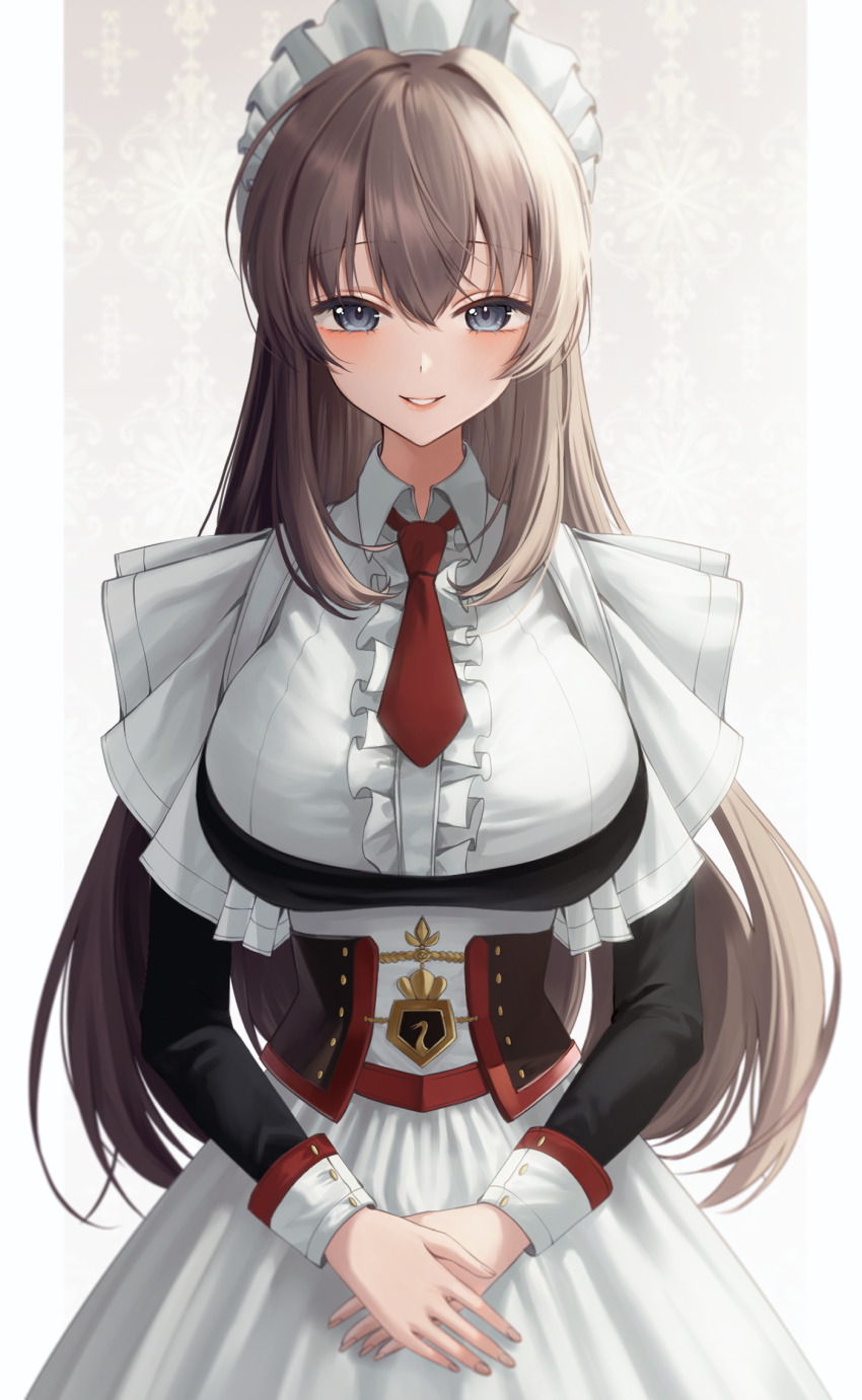 1girl apron azur_lane blue_eyes brown_hair center_frills corset cowboy_shot curacoa_(azur_lane) frills hair_between_eyes highres long_hair long_sleeves looking_at_viewer maid maid_apron maid_headdress meraring necktie own_hands_together red_necktie smile solo white_apron