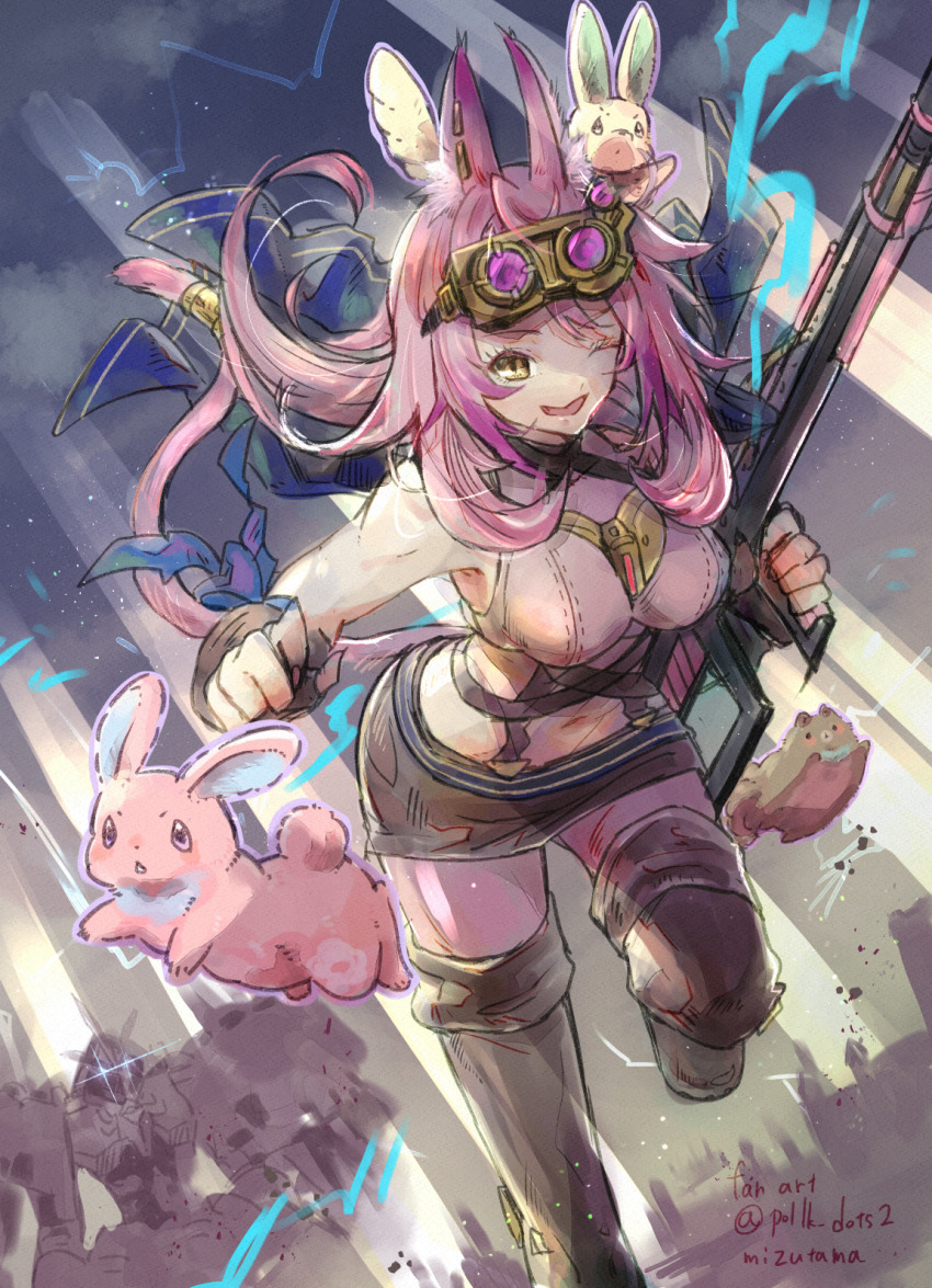 1girl animal_ears boots breasts brown_eyes divine_arsenal_aa-zeus_-_sky_thunder duel_monster ear_piercing goggles goggles_on_head gun highres large_breasts long_hair medium_breasts melffy_fenny melffy_puppy melffy_rabby mizutama_(mizutamalion) nail_polish open_mouth piercing pink_hair running sleeveless smile thigh_boots thighhighs tri-brigade_ferrijit_the_barren_blossom weapon yellow_eyes yu-gi-oh!
