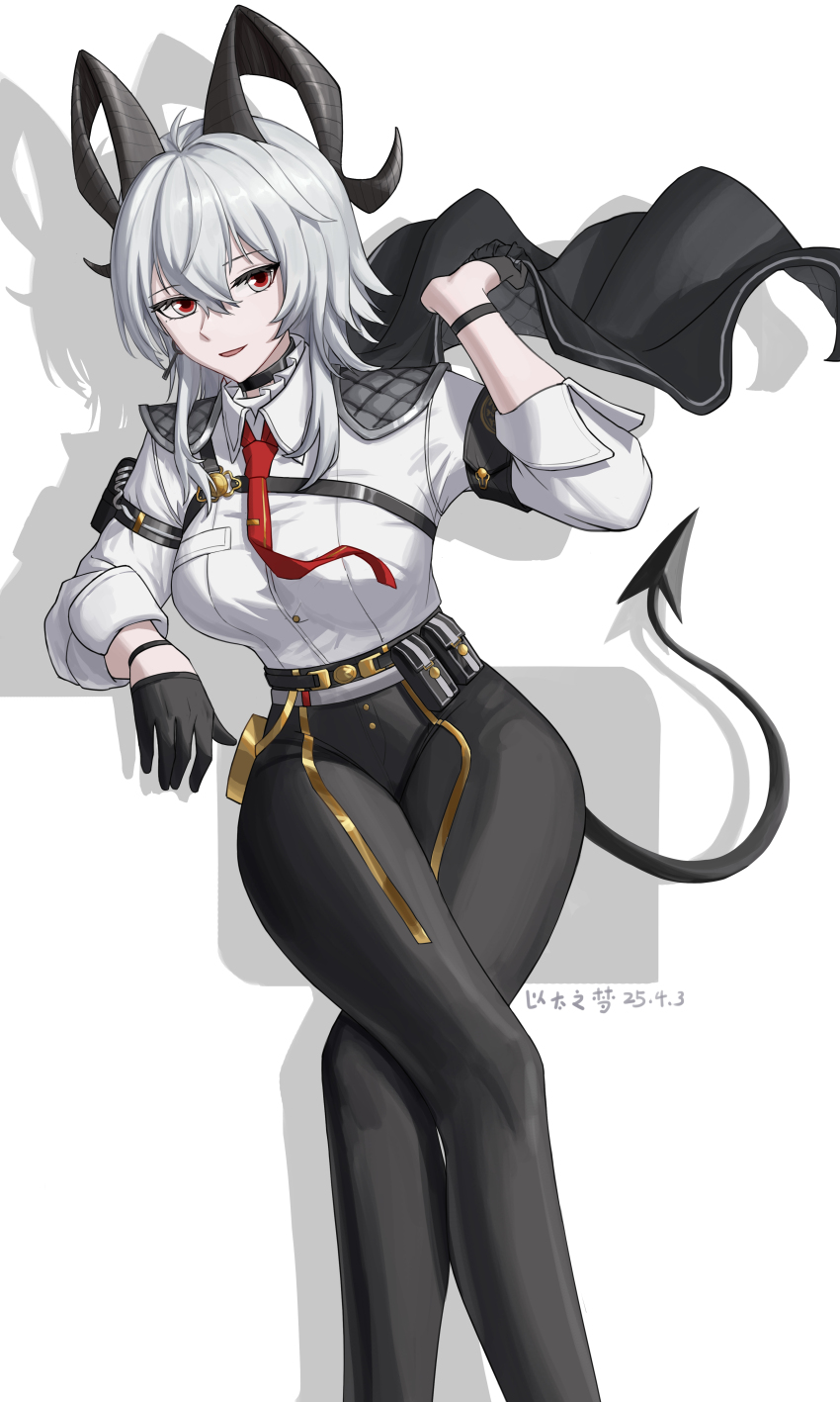 1girl absurdres arm_pouch armband black_armband black_choker black_gloves black_horns black_jacket black_pants black_pouch black_tail breasts chest_harness chinese_commentary choker collared_shirt commentary_request crossed_legs curled_horns demon_tail drop_shadow gloves grey_hair hair_between_eyes harness high-waist_pants highres horns jacket jacket_on_shoulders large_breasts looking_at_viewer necktie pants parted_lips red_eyes red_necktie shirt shirt_tucked_in smile solo tail wing_collar wuthering_waves yitai_zhi_meng zani_(wuthering_waves)