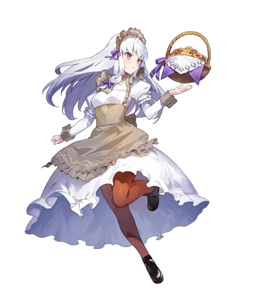1girl alternate_costume amagasa_yun apron basket blush braid breasts closed_mouth cookie dress fire_emblem fire_emblem:_three_houses fire_emblem_heroes floating floating_object food frills full_body hair_ornament highres legs_up long_skirt long_sleeves lysithea_von_ordelia lysithea_von_ordelia_(tea_party) maid maid_headdress nintendo non-web_source official_art pantyhose puffy_sleeves red_eyes shoes skirt small_breasts smile solo transparent_background twin_braids wrist_cuffs