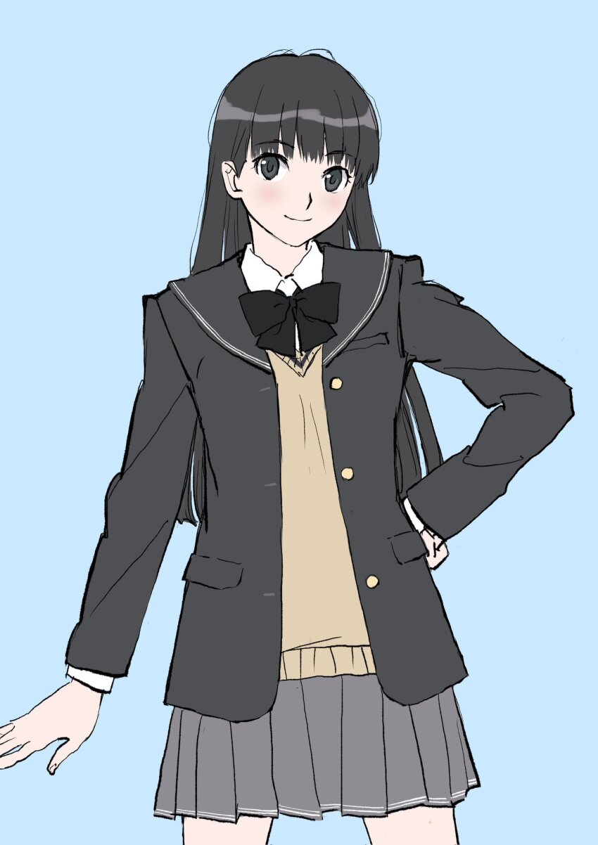 1girl amagami ayatsuji_tsukasa black_eyes black_hair blue_background highres long_sleeves school_uniform smile warder2013