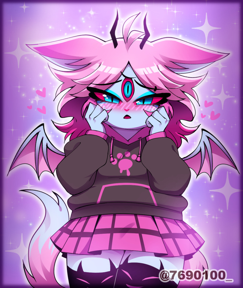 1girl animal_ears bat_wings blush cat_ears emberlynn_pinkle hellaverse helluva_boss highres pink_hair shortstack skirt tail thighhighs wings