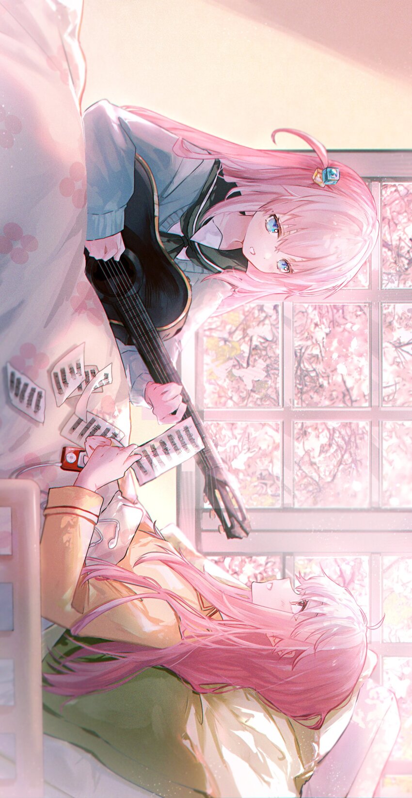 2girls absurdres acoustic_guitar angel_beats! bed blue_cardigan blue_eyes bocchi_the_rock! cardigan chromatic_aberration color_connection commentary_request crossover cube_hair_ornament digital_media_player earphones gotoh_hitori guitar hair_color_connection hair_down hair_ornament highres holding holding_paper hospital_bed instrument multiple_girls music nigiri one_side_up paper pillow pink_hair playing_instrument school_uniform serafuku sideways window yui_(angel_beats!)