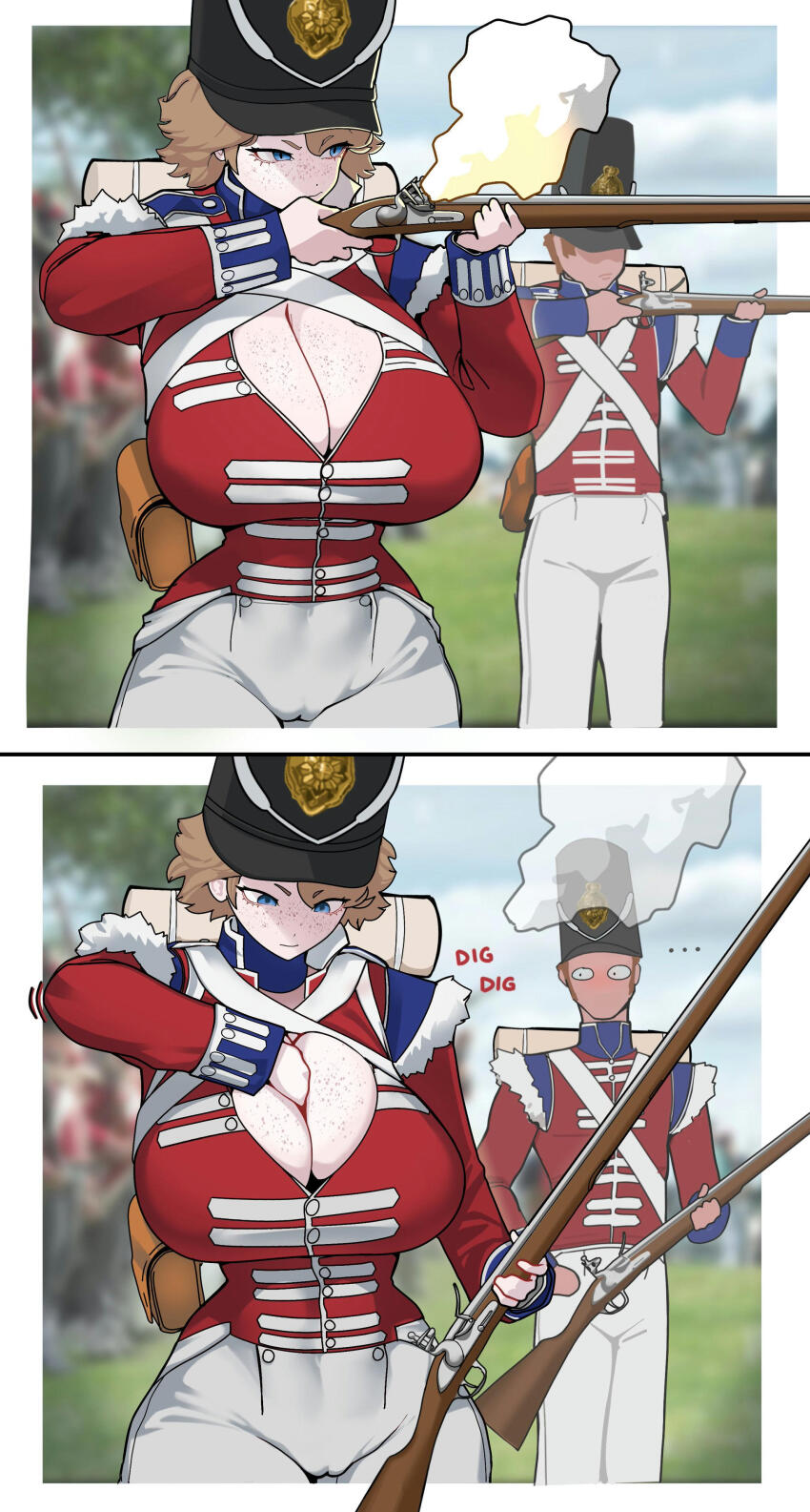 1boy 1girl absurdres blue_eyes blush breasts cleavage coldstream_(marinerx) coldstream_guards freckles gun hat highres marinerx musket shako_cap tagme weapon