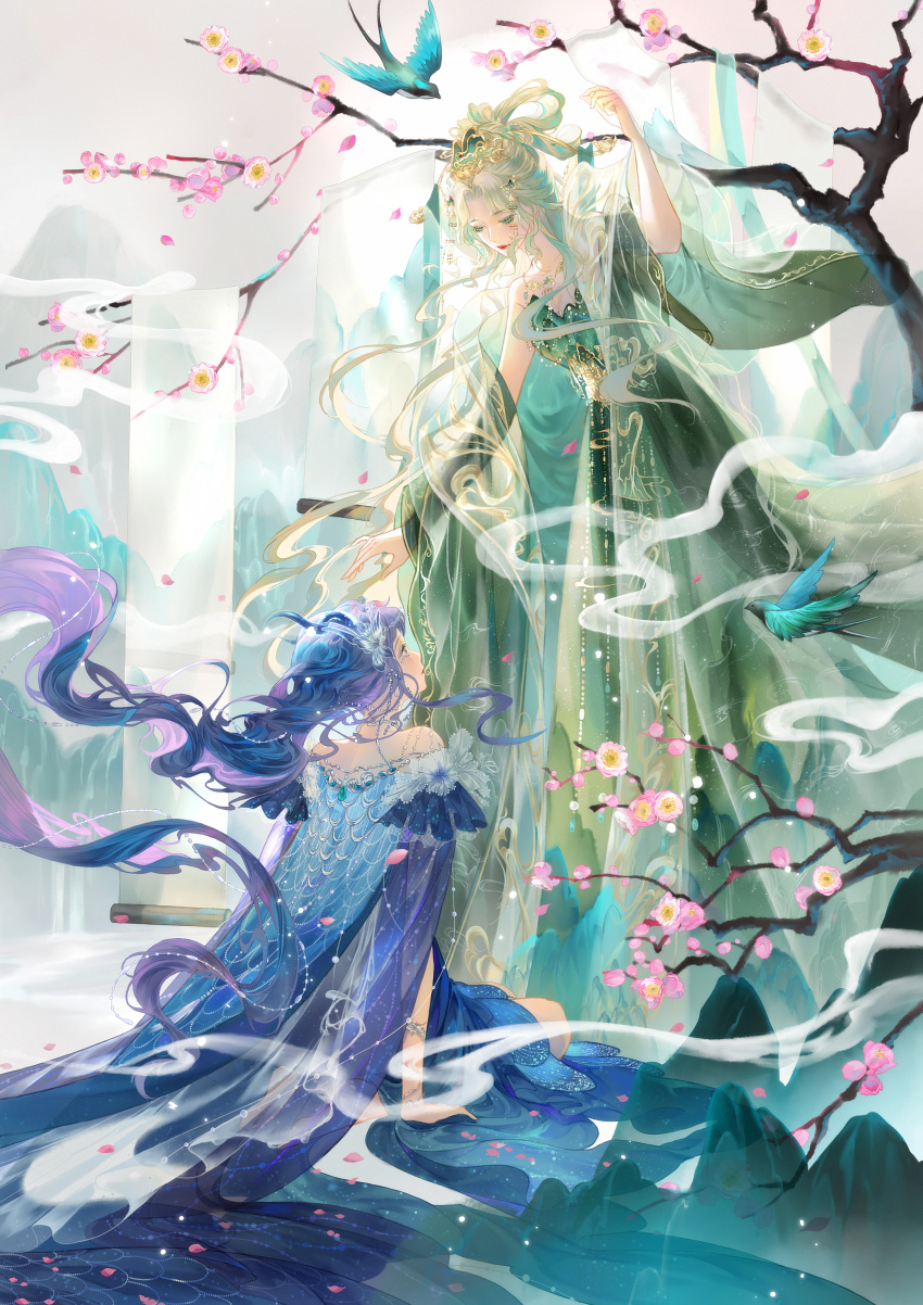 2girls absurdly_long_hair absurdres animal_print bare_arms bird blue_bird blue_cape blue_dress cape character_request chinese_clothes chinese_commentary closed_mouth commentary_request crown day dress fish_print floating_hair flower full_body gold_crown green_dress green_shawl hair_rings highres light_particles lipstick long_hair long_sleeves looking_at_another makeup multiple_girls nikki_(series) outdoors pink_flower purple_hair red_lips river shining_nikki sitting situ_ming_ling_hua_yi sky smile smoke standing swallow_(bird) tree very_long_hair wavy_hair white_hair white_sky wide_sleeves