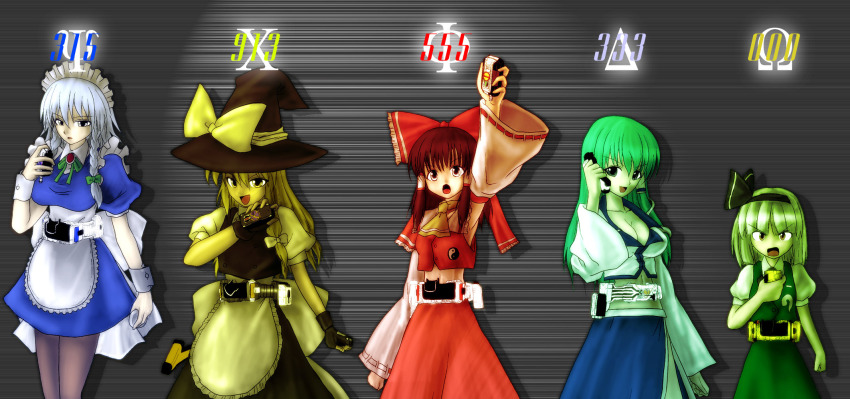 5girls belt cellphone crossover hakurei_reimu henshin henshin_pose highres izayoi_sakuya kamen_rider kamen_rider_555 kamen_rider_delta kamen_rider_faiz kamen_rider_kaixa kamen_rider_orga kamen_rider_psyga kamishima_kanon kirisame_marisa kochiya_sanae konpaku_youmu multiple_girls parody phone touhou