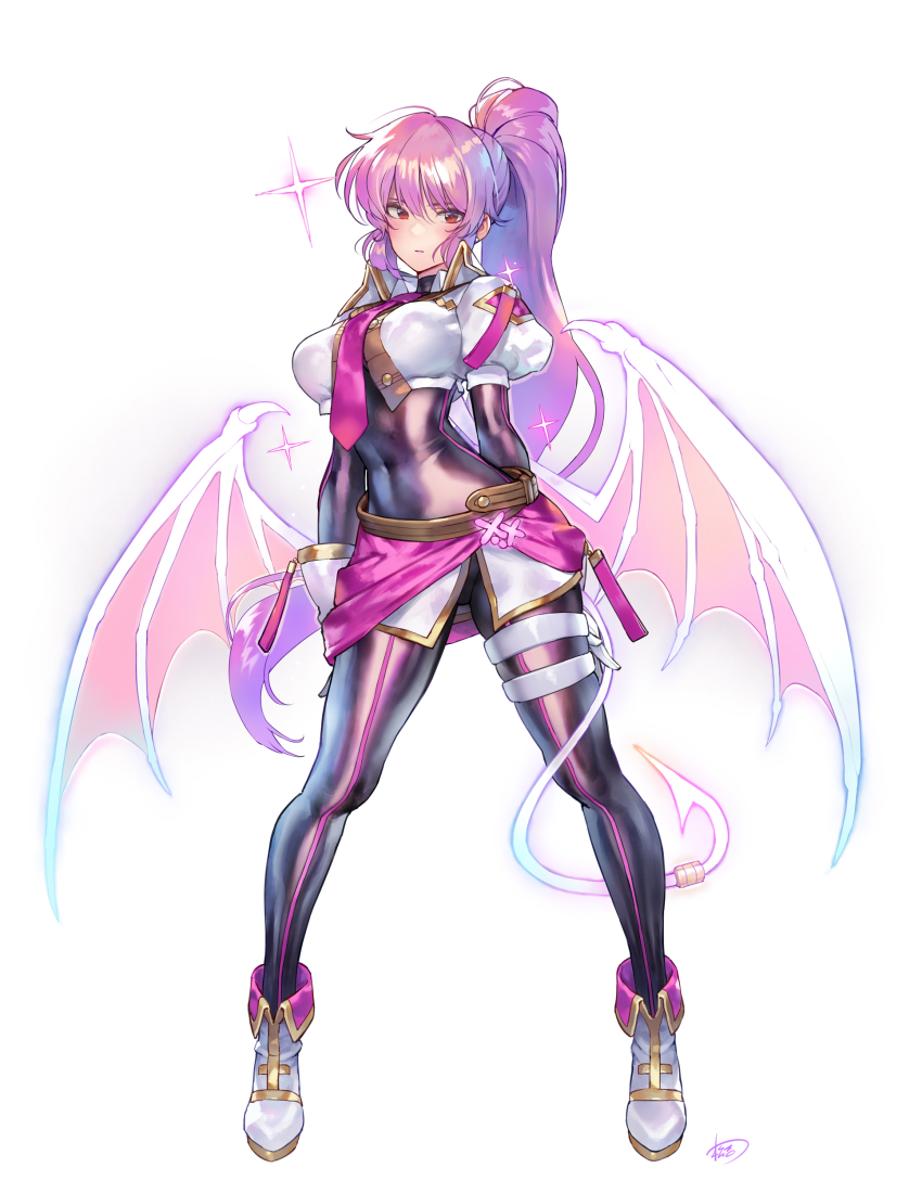 1girl absurdres black_bodysuit bodysuit breasts cosplay cropped_jacket demon_tail demon_wings evil_twin_ki-sikil evil_twin_ki-sikil_(cosplay) full_body gloves high_ponytail highres ki-sikil_(yu-gi-oh!) large_breasts long_hair looking_at_viewer matsuda_(matsukichi) necktie pink_necktie ponytail puffy_short_sleeves puffy_sleeves purple_hair red_eyes shiny_clothes short_sleeves skirt solo tail touhou two-tone_bodysuit watatsuki_no_yorihime white_background white_gloves wings yu-gi-oh!