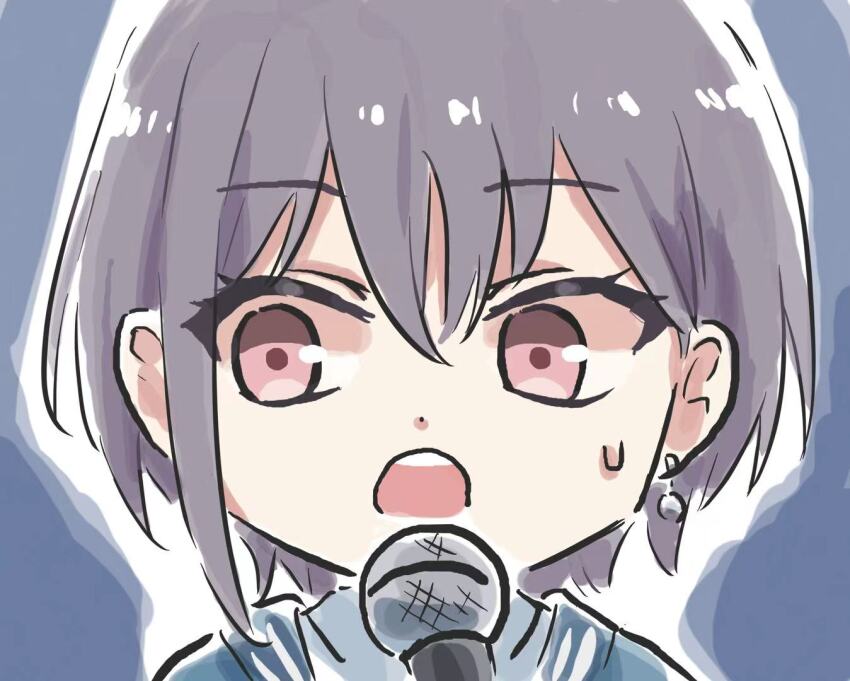 1girl bang_dream! bang_dream!_it&#039;s_mygo!!!!! commentary grey_hair hair_between_eyes holding holding_microphone lyy microphone open_mouth short_hair solo sweatdrop takamatsu_tomori teeth upper_teeth_only