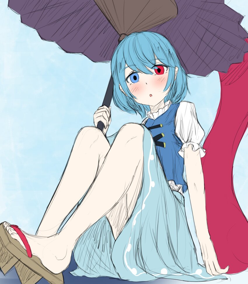 1girl absurdres blue_background blue_eyes blue_hair blue_vest blush brown_footwear full_body geta hashtag-only_commentary heterochromia highres karakasa_obake knees_up looking_at_viewer open_mouth purple_umbrella pygrenix red_eyes short_hair short_sleeves simple_background sitting solo tatara_kogasa tongue touhou umbrella vest