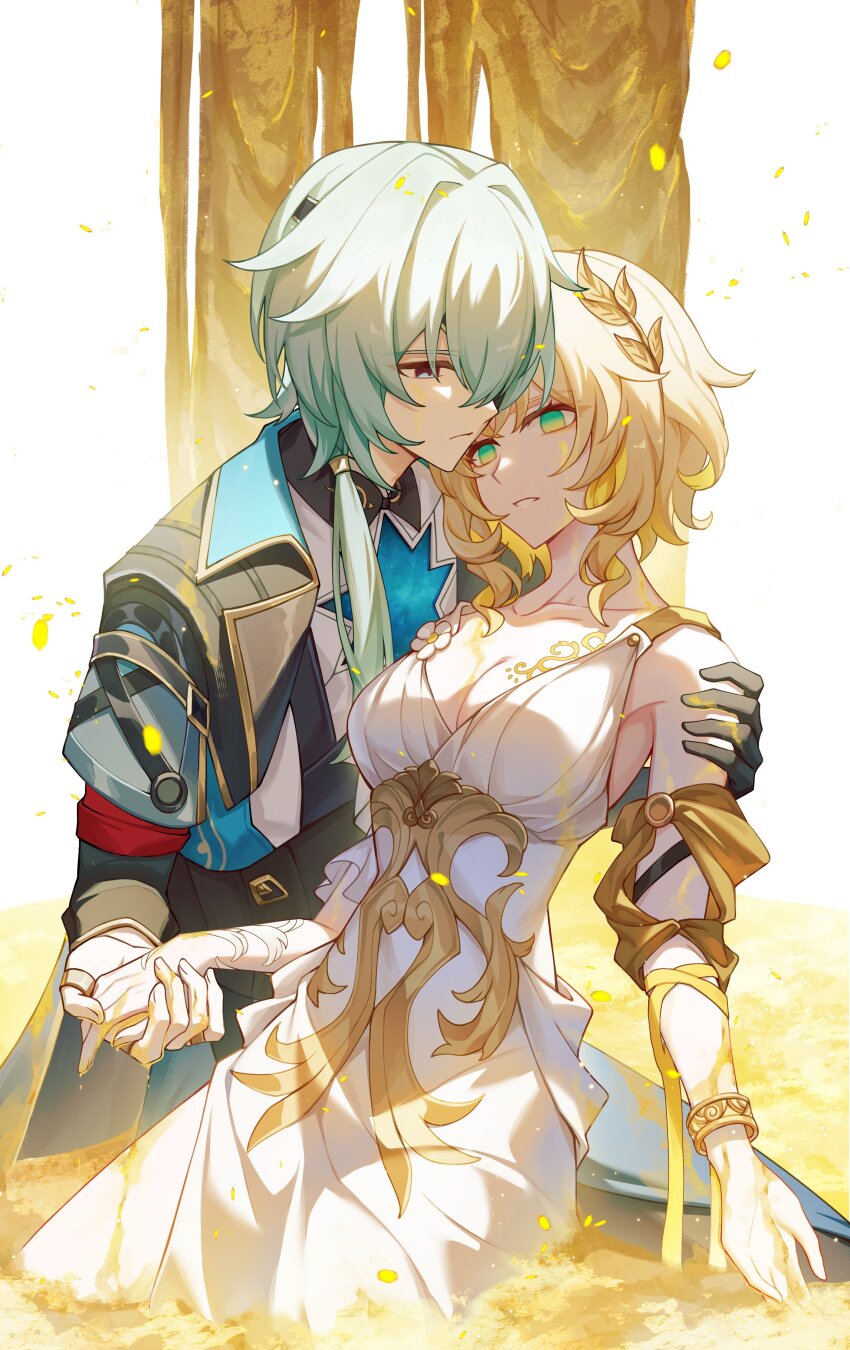 1girl absurdres aglaea_(honkai:_star_rail) anaxa_(honkai:_star_rail) black_coat black_gloves blonde_hair breast_tattoo breasts cleavage closed_mouth coat dress gloves greek_toe green_eyes green_hair hao_lei_a hashtag-only_commentary highres holding_another&#039;s_arm holding_hands honkai:_star_rail honkai_(series) large_breasts laurel_crown liquid_gold parted_lips short_hair tattoo toes white_dress