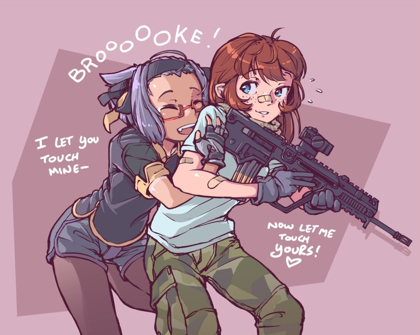 2girls assault_rifle bandaid bandaid_on_face bandaid_on_nose black_gloves blue_eyes borrowed_character brooke_(mleth) brown_hair brown_legwear bullpup camouflage camouflage_pants carbine cargo_pants commentary dolphin_shorts english_commentary english_text extended_barrel fang fingerless_gloves freckles glasses gloves gun highres holding holding_gun holding_weapon hug hug_from_behind iwi_tavor jarv multiple_girls original pants pantyhose pantyhose_under_shorts purple_hair red-framed_eyewear rifle semi-rimless_eyewear shirt short_hair shorts t-shirt tavor_x95 teeth under-rim_eyewear upper_teeth_only weapon x95_(jarv) yuri