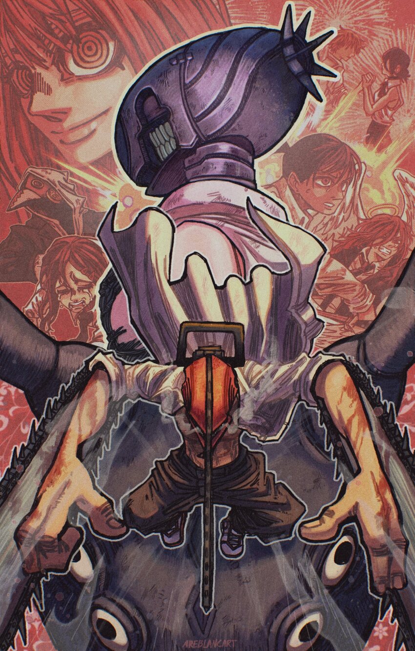 1girl 2boys absurdres alternate_form angel angel_devil_(chainsaw_man) angel_wings areblancart artist_name beam_(chainsaw_man) black_pants bomb_devil_(chainsaw_man) chainsaw chainsaw_man closed_mouth crying denji_(chainsaw_man) hair_ornament hairclip halo hayakawa_aki higashiyama_kobeni highres jacket makima_(chainsaw_man) multiple_boys object_head open_clothes open_shirt pants plague_doctor_mask reze_(chainsaw_man) ringed_eyes shirt sleeveless sleeveless_shirt suit_jacket teeth violence_fiend_(chainsaw_man) white_shirt wings