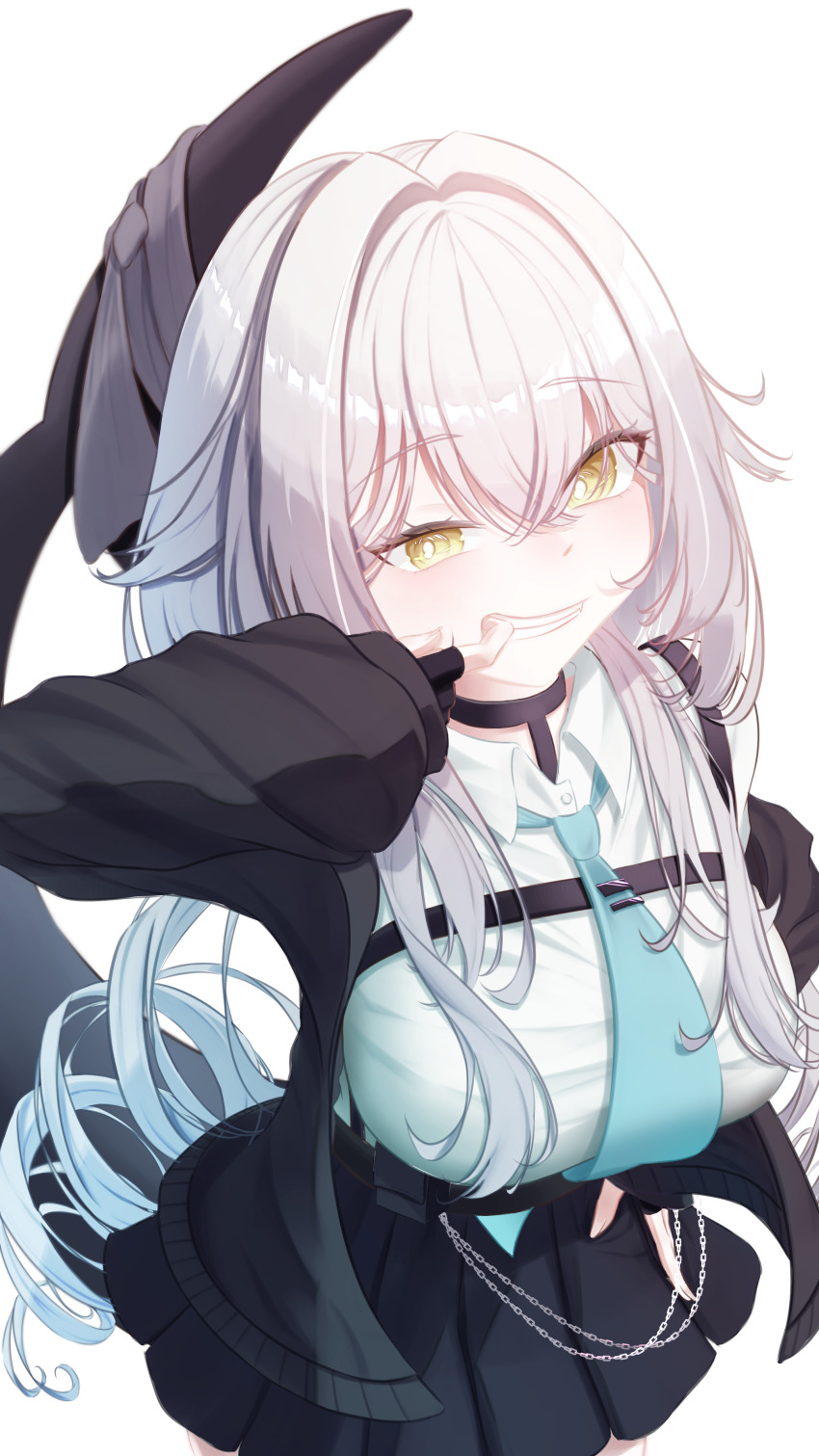 1girl absurdres aqua_necktie black_choker black_gloves black_jacket black_skirt blue_necktie breasts cardigan cetacean_tail chest_harness choker collared_shirt cowboy_shot finger_in_own_mouth fingerless_gloves fins fish_tail gloves grey_hair grin hair_between_eyes hair_intakes hand_on_own_hip harness highres jacket large_breasts long_hair long_sleeves looking_at_viewer medium_breasts miniskirt mouth_pull necktie open_clothes open_jacket pleated_skirt puffy_long_sleeves puffy_sleeves rask_ill rurune_(vrchat) shark_girl shark_tail shirt simple_background skirt sleeves_past_wrists smile solo tail teeth very_long_hair vrchat white_background white_hair white_shirt yellow_eyes