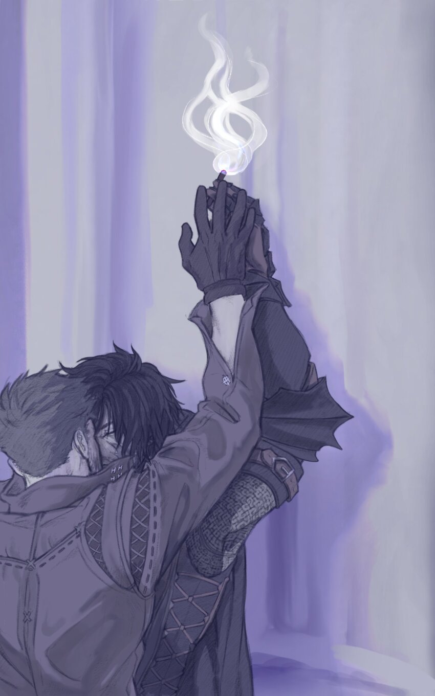 2boys against_wall arm_belt arm_up armor beard belt belt_buckle buckle chainmail cidolfus_telamon cigarette clive_rosfield closed_eyes coat commentary facial_hair facial_scar final_fantasy final_fantasy_xvi gloves greyscale hand_on_another&#039;s_hand hashtag-only_commentary highres holding holding_cigarette long_sleeves male_focus melasyj monochrome multiple_boys popped_collar scar scar_on_cheek scar_on_face shadow short_hair smoke upper_body yaoi