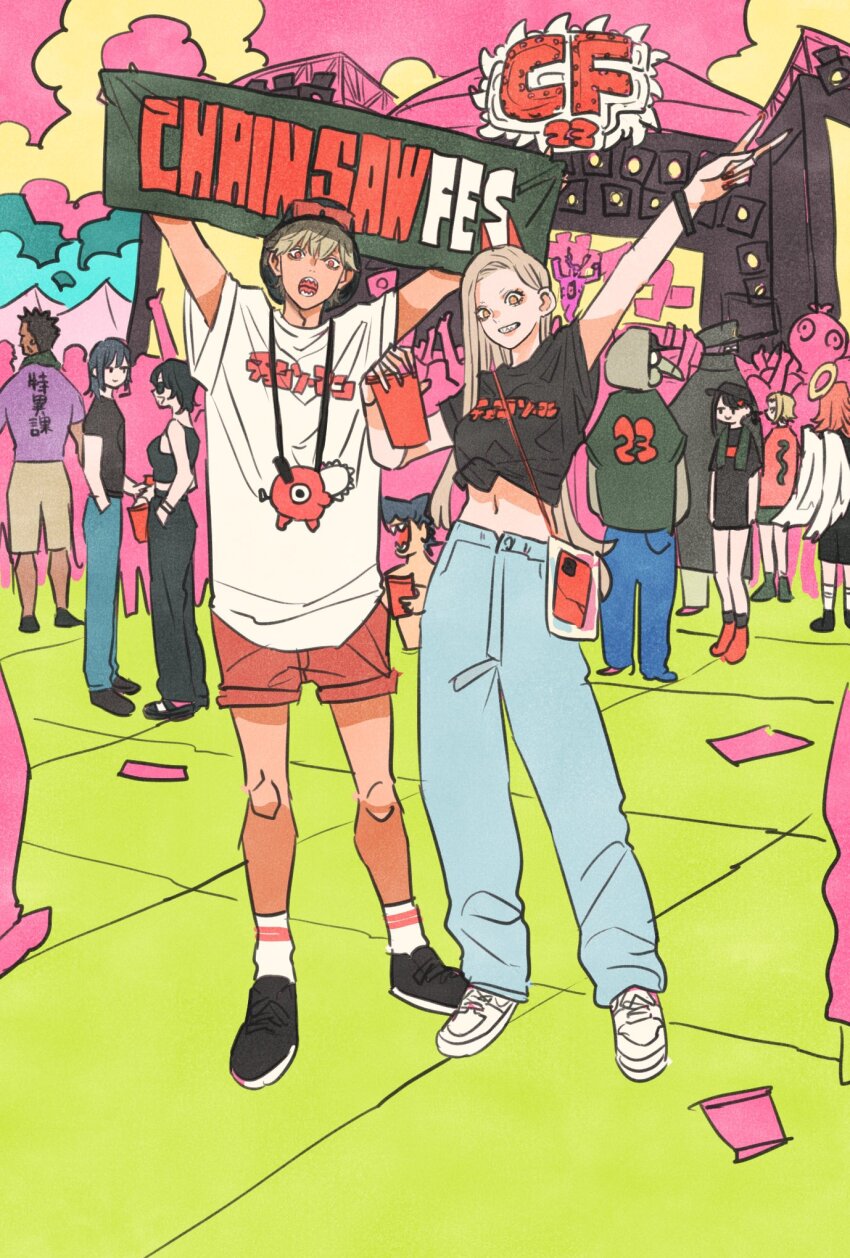 4girls 6+boys angel_devil_(chainsaw_man) arm_up back beam_(chainsaw_man) black_hair black_shirt blonde_hair bracelet chainsaw_man commentary_request cup denim denji_(chainsaw_man) full_body future_devil_(chainsaw_man) hand_in_pocket hat hayakawa_aki higashiyama_kobeni highres himeno_(chainsaw_man) hirokazu_arai_(chainsaw_man) holding holding_cup hood hoodie horns jeans jewelry katana_man_(chainsaw_man) long_hair looking_at_viewer mask multiple_boys multiple_girls pants pink_sky pochita_(chainsaw_man) power_(chainsaw_man) purple_shirt red_hair red_horns sawatari_akane_(chainsaw_man) sharp_teeth shirt short_hair shorts sky socks takeuchi_ryousuke teeth tomato_devil_(chainsaw_man) v violence_fiend_(chainsaw_man) white_shirt white_wings wings