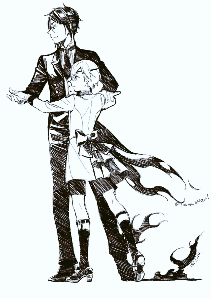 2boys age_difference back_bow bow ciel_phantomhive dancing eyepatch formal_clothes full_body gloves greyscale height_difference high_heels highres kneehighs kuroshitsuji lapels legwear_garter looking_ahead male_focus monochrome multiple_boys necktie notched_lapels official_art pants sebastian_michaelis shoes short_hair shorts sketch smile socks standing suit tailcoat toboso_yana twitter_username