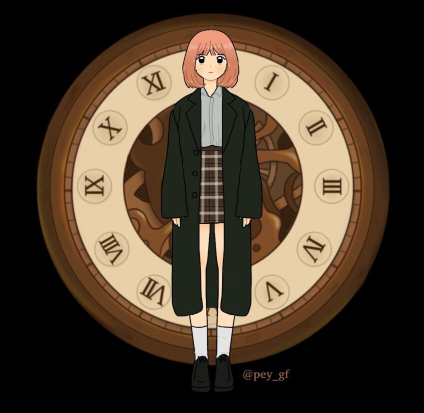 1girl animification black_background black_coat clock coat commentary eunha_(gfriend) expressionless gfriend grey_shirt high-waist_skirt k-pop long_coat looking_at_viewer pey_gf pink_hair real_life shirt short_hair skirt socks solo twitter_username very_long_sleeves white_socks