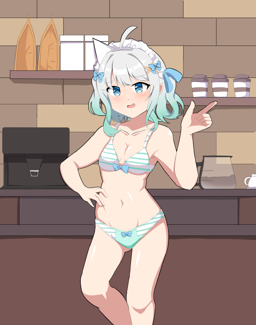 1girl absurdres ahoge blue_eyes bow bra breasts brick_wall cafe commission cup ghost hair_bow hair_ornament hair_ribbon hand_on_own_hip highres indie_virtual_youtuber indoors knee_up knees_up looking_at_viewer maid_headdress mint_fantome mug multicolored_hair nexos open_mouth panties pointy_ears ribbon short_hair small_breasts solo standing striped_bra striped_clothes striped_panties thighs underwear underwear_only virtual_youtuber x_hair_ornament
