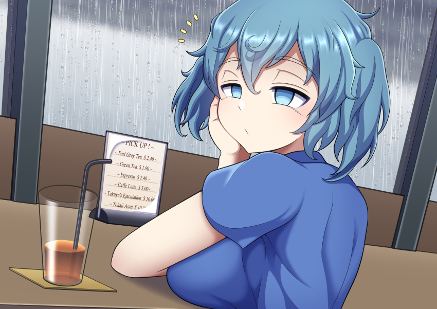 1girl absurdres bad_id bad_nicoseiga_id bags_under_eyes blouse blue_eyes blue_hair blue_shirt breast_rest breasts closed_mouth cookie_(touhou) cup drinking_straw english_text artistic_error expressionless hair_between_eyes highres indoors kawashiro_nitori kofji_(cookie) kosumodansaa large_breasts looking_at_viewer looking_back manatsu_no_yo_no_inmu menu notice_lines rain shirt short_hair solo touhou two_side_up upper_body water