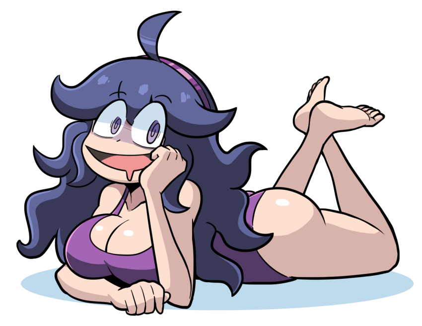 1girl @_@ ahoge alternate_breast_size barefoot breasts cleavage commentary drooling english_commentary full_body hairband hand_on_own_face hex_maniac_(pokemon) kevin_arthur large_breasts legs_up long_hair lying nintendo on_stomach one-piece_swimsuit open_mouth pokemon pokemon_xy purple_eyes purple_hair purple_hairband purple_one-piece_swimsuit shaded_face shiny_skin simple_background smile solo swimsuit white_background
