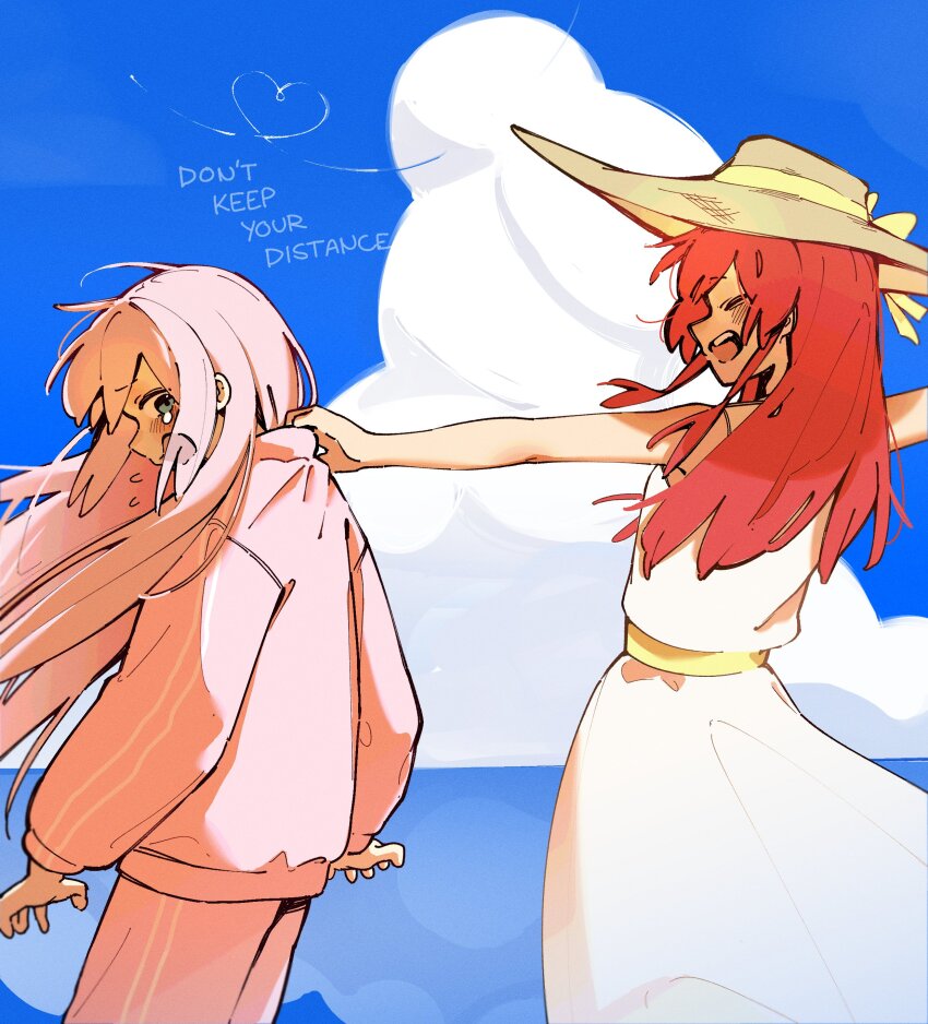 2girls absurdres blue_eyes bocchi_the_rock! closed_eyes clothes_pull cloud cloudy_sky commentary dress english_commentary english_text flying_sweatdrops gotoh_hitori hat highres kita_ikuyo long_hair machuuu68 multiple_girls ocean open_mouth pink_hair pink_track_suit red_hair ribbon sky sleeveless sun_hat tears teeth track_suit upper_teeth_only white_dress yellow_ribbon yuri