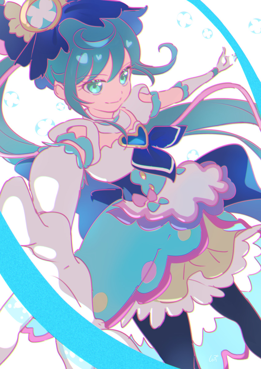 1girl absurdres apron aqua_eyes aqua_hair back_bow black_pantyhose blue_bow blue_brooch blue_choker blue_corset blue_neckerchief blue_skirt bow bow_apron brooch buttons choker closed_mouth clothing_cutout corset cowboy_shot cure_spicy delicious_party_precure elbow_gloves eyelashes floating_clothes floating_hair food-themed_clothes frilled_choker frilled_gloves frilled_skirt frilled_sleeves frills fuwa_kokone gloves hair_bow hair_ornament heart heart_brooch highres jewelry large_bow layered_skirt long_hair looking_ahead loose_hair_strand magic magical_girl multicolored_hair neckerchief outstretched_arms pantyhose pink_bow pink_hair pleated_skirt precure puffy_short_sleeves puffy_sleeves shipu_(gassyumaron) shirt short_sleeves shoulder_cutout side_ponytail skirt smile solo standing streaked_hair train_(clothing) tsurime two-tone_hair very_long_hair waist_apron watch wavy_hair white_apron white_background white_gloves white_shirt wristwatch yellow_skirt