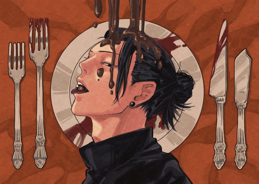 1boy ball black_eyes black_hair black_jacket blood blood_on_fork bloody_knife dripping ear_piercing fork fuse_(2sau3) getou_suguru hair_bun hair_pulled_back highres jacket jujutsu_kaisen knife looking_at_viewer male_focus mouth_hold open_mouth orange_background piercing plate portrait profile short_hair single_hair_bun solo tongue tongue_out tsurime