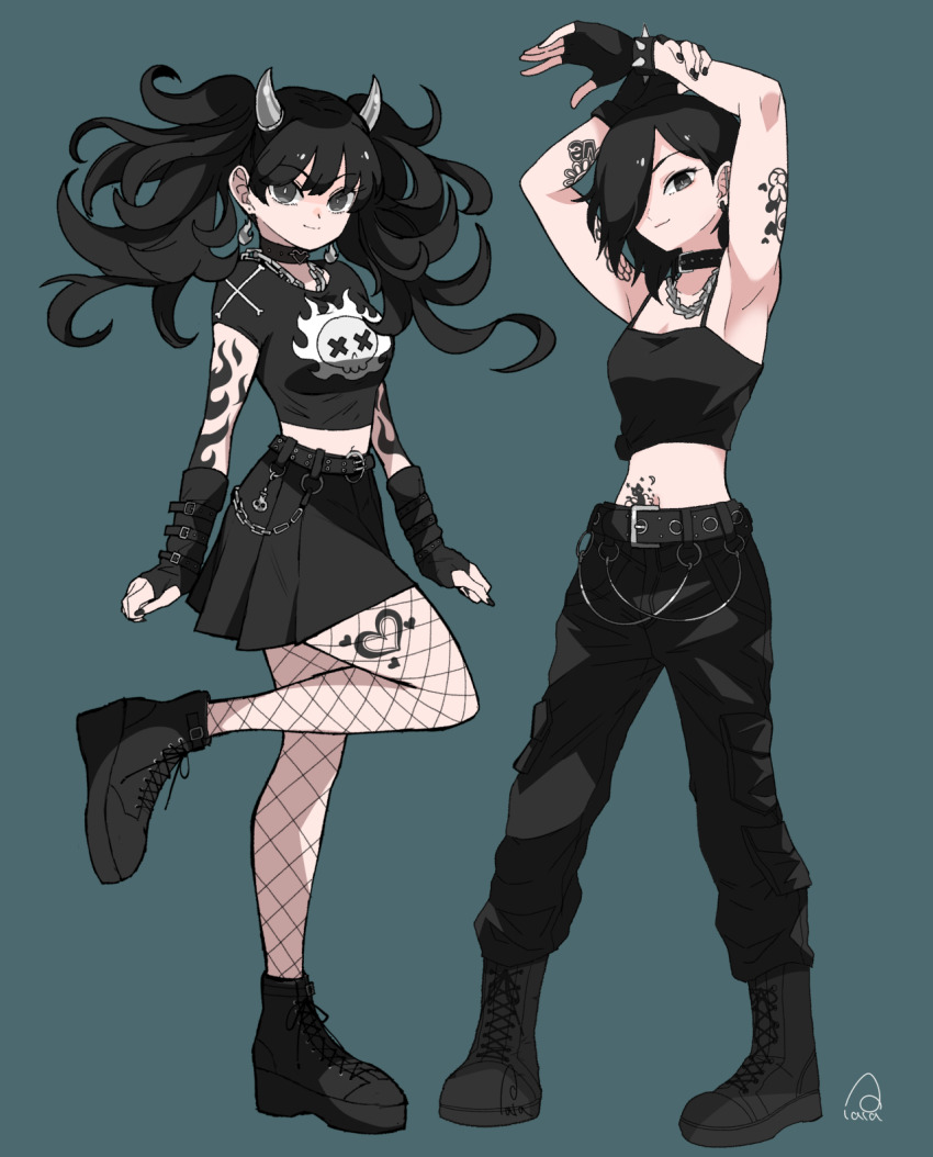2girls arm_tattoo armpits arms_up belt black_belt black_boots black_choker black_eyes black_gloves black_hair black_nails black_pants black_shirt black_skirt blue_background boots bracelet chain chain_necklace choker closed_mouth commentary_request crop_top eyelashes fingerless_gloves fishnet_pantyhose fishnets full_body gloves goth_fashion hair_over_one_eye heart heart_tattoo highres horns jewelry judy_(sushi_pizza_rrr) lace-up_boots leg_tattoo long_hair midriff multiple_girls nail_polish navel necklace original pants pantyhose shirt short_sleeves simple_background skirt skull_print smile spiked_bracelet spikes standing standing_on_one_leg stomach_tattoo sushi_pizza_rrr tattoo twintails