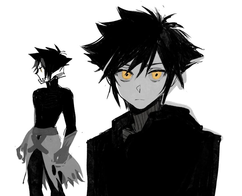 1boy black_hair closed_mouth commentary english_commentary gloves hat_babo highres kingdom_hearts kingdom_hearts_birth_by_sleep light_frown looking_to_the_side male_focus multiple_views portrait shirt short_hair spiked_hair standing vanitas_(kingdom_hearts) void_gear white_background yellow_eyes