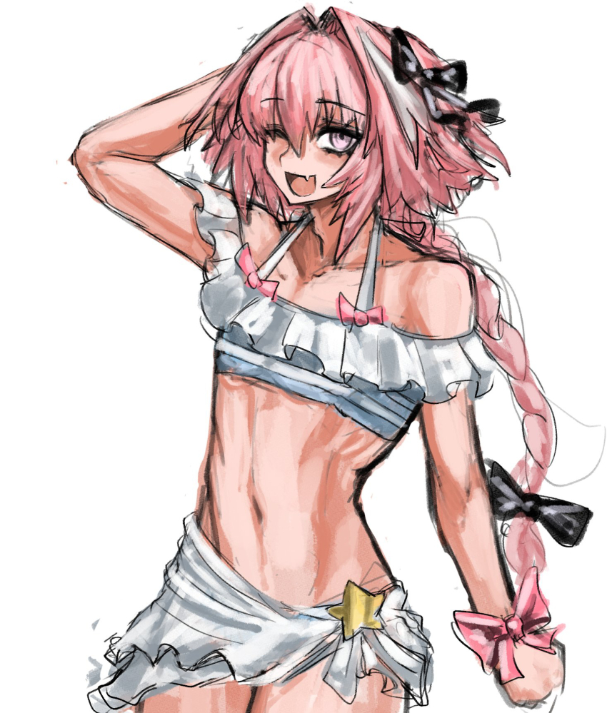 1boy androgynous arm_behind_head astolfo_(fate) astolfo_(sparkling_frills)_(fate) bikini bow braid braided_ponytail collarbone cowboy_shot fang fate/grand_order fate_(series) frilled_bikini frills hair_bow hair_intakes highres long_hair looking_at_viewer maabo_harusame multicolored_hair navel off-shoulder_bikini off_shoulder official_alternate_costume one_eye_closed open_mouth pink_eyes pink_hair sarong sidelocks single_braid smile solo standing streaked_hair swimsuit trap white_background white_hair wrist_bow