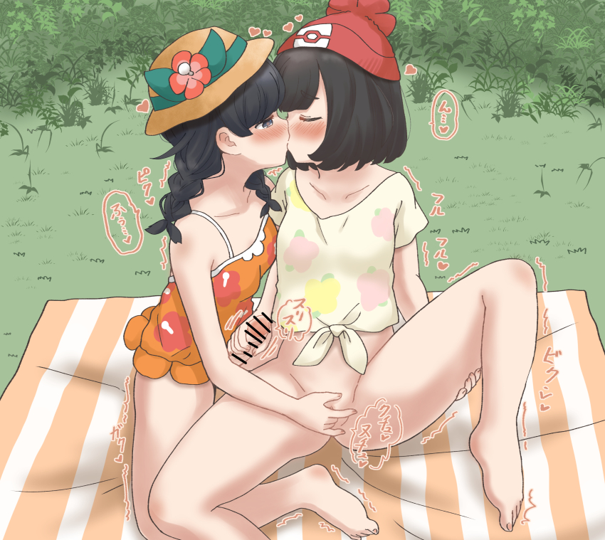 1futa 1girl absurdres azumanishiki bar_censor bare_legs barefoot beanie black_hair blush bob_cut bottomless braid brown_hat camisole censored clothed_sex commentary_request creatures_(company) day dual_persona erection fingering flower futa_with_female futanari game_freak grasslands grey_eyes handjob hat hat_flower hawaiian_shirt highres kiss knee_up looking_at_another low_twin_braids medium_hair moaning nintendo nose_blush on_floor orange_camisole outdoors penis picnic_blanket pokemon pokemon_sm pokemon_usum profile public_indecency red_flower red_hat selene_(pokemon) selfcest shirt short_hair short_sleeves sitting sound_effects spaghetti_strap spread_legs t-shirt tied_shirt twin_braids twitching yellow_shirt