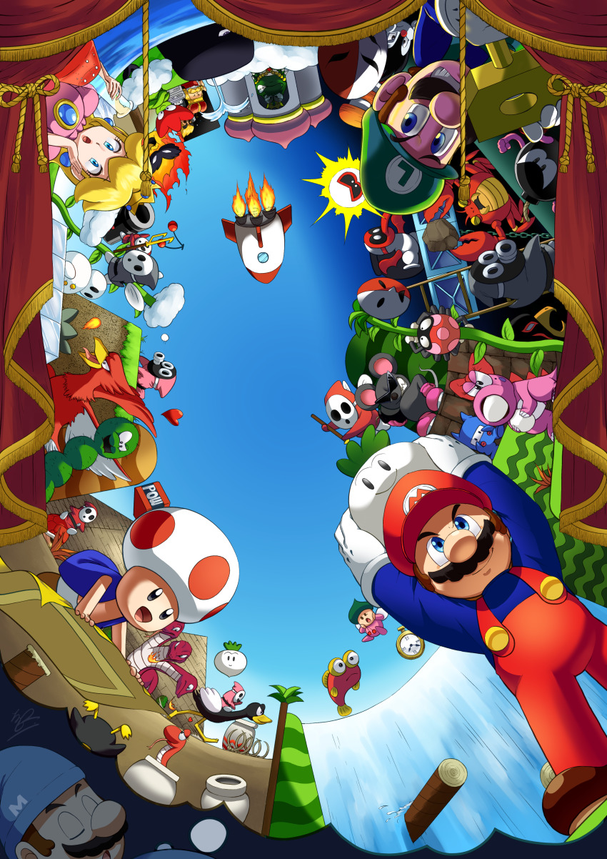 1girl 2boys 6+others absurdres albatoss autobomb_(mario) banel_springer beezo bird birdo blue_eyes bob-omb brothers carpet castle clawgrip claws closed_eyes cobrat crab crown curtains dreaming earrings everyone facial_hair fire fish flurry_(mario) flying food frog fryguy gloves grin hat highres hoopster_(mario) ice ice_block jar jewelry key luigi mario mario_(series) mask mask_gate mouser multiple_boys multiple_others mustache ninji_(mario) nintendo ostro panser penguin phanto pidgit plant pokey_(mario) porcupo pow_block princess_peach pyramid_(structure) rock serious shy_guy siblings sky sleeping smile snake snifit spark_(mario) subcon_(mario) super_mario_bros._2 toad_(mario) trouter tryclyde tweeter vegetable vines wart_(mario) water waterfall whale whale_(mario) wings