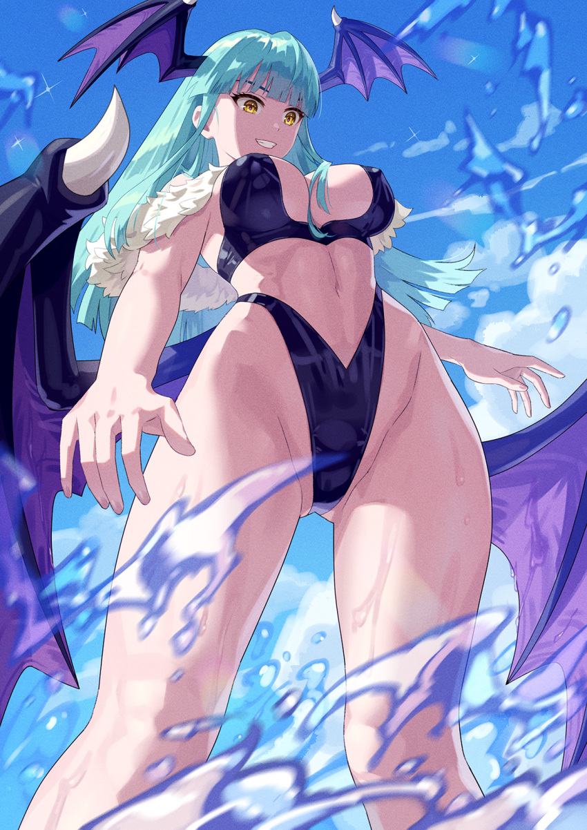 1girl adapted_costume aqua_hair arms_at_sides bat_wings bikini black_bikini blue_sky blunt_bangs blunt_ends blurry blurry_foreground breasts chromatic_aberration cleavage cloud commentary covered_erect_nipples darkstalkers day depth_of_field feet_out_of_frame foreshortening from_below fur-trimmed_bikini fur_trim gluteal_fold grin groin hair_between_breasts head_wings highleg highleg_bikini highres large_breasts linea_alba looking_at_viewer looking_down low_wings morrigan_aensland motion_blur navel off-shoulder_bikini off_shoulder purple_wings revision sideboob sidelocks sky smile solo splashing standing straight_hair swimsuit thick_thighs thighs wading water wet wide_hips wings yagi2013 yellow_eyes
