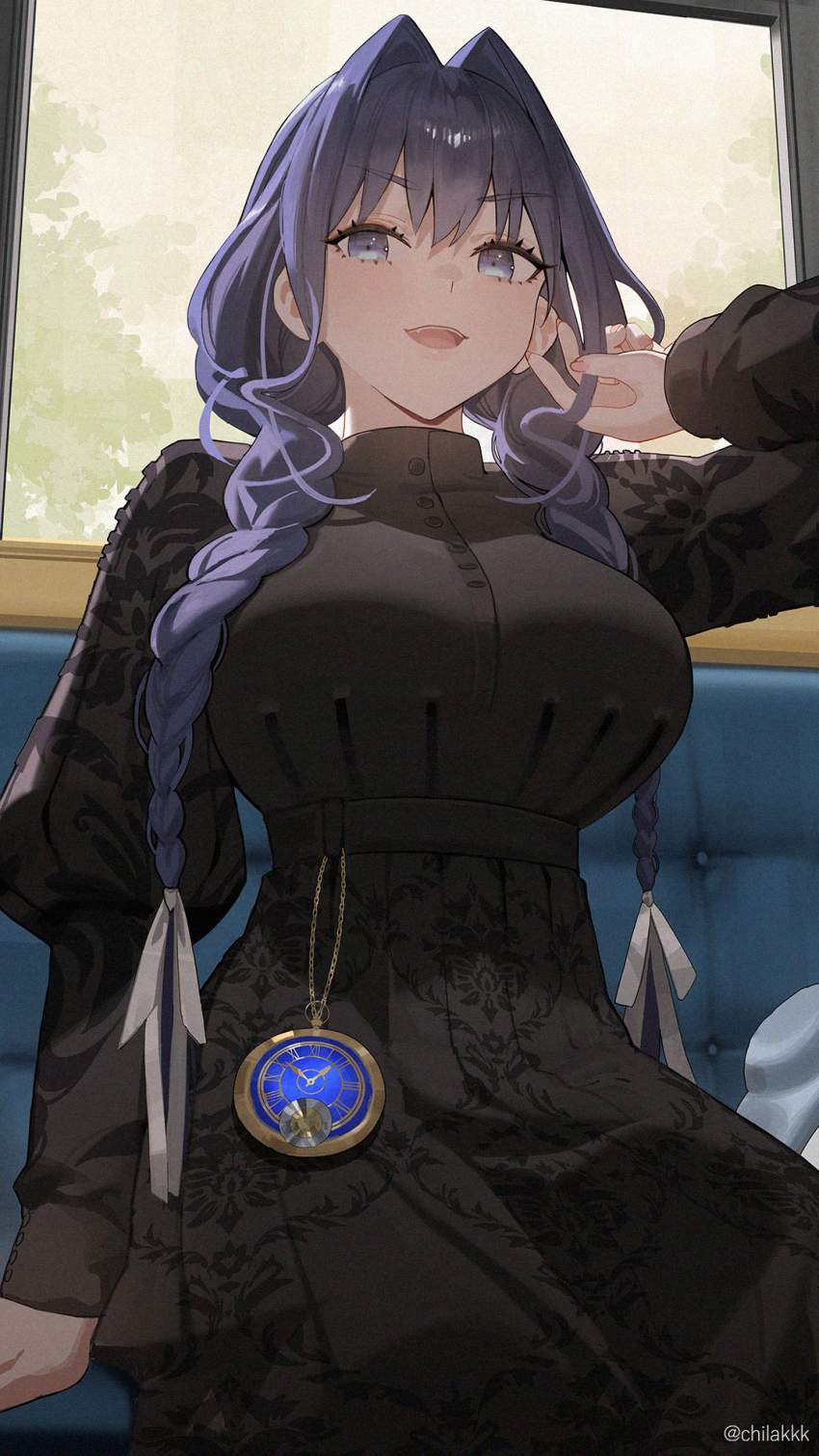 1girl black_dress blue_eyes blue_hair braid breasts chilakkk clock dress hair_ribbon highres hololive hololive_english large_breasts long_hair looking_at_viewer ouro_kronii ouro_kronii_(maid) ribbon sitting solo twin_braids twitter_username virtual_youtuber white_ribbon window