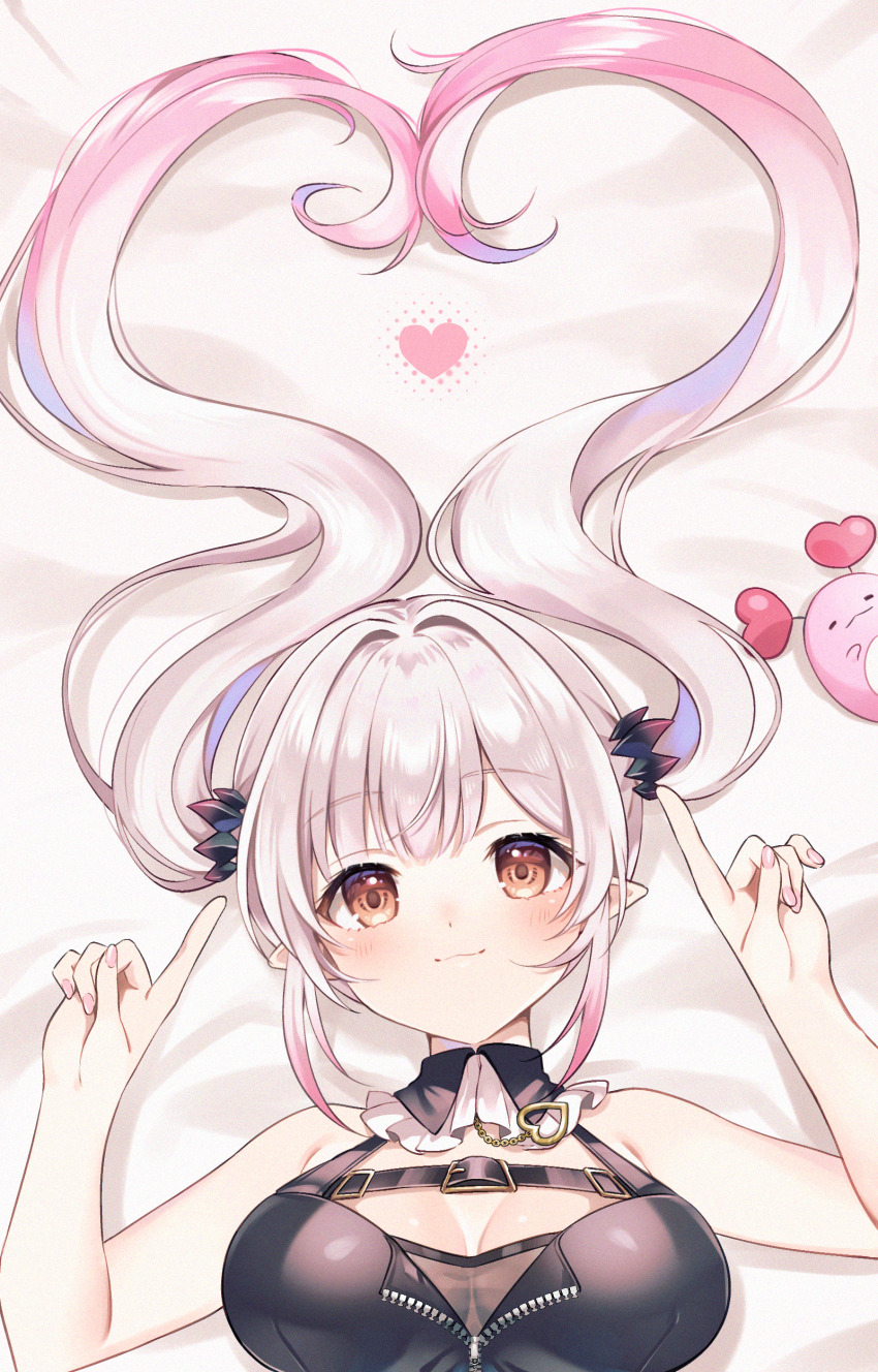 1girl absurdres bare_arms bed_sheet belt black_belt black_bustier black_collar breast_strap breasts bustier chest_belt closed_mouth collar commentary_request demon_girl detached_collar frilled_collar frills gradient_hair hair_spread_out heart highres indie_virtual_youtuber large_breasts long_hair looking_at_viewer lying multicolored_hair on_back on_bed orange_eyes pink_hair pink_nails pointing pointy_ears small_horns smile solo suou_patra suou_patra_(11th_costume) torimarururu twintails virtual_youtuber zipper