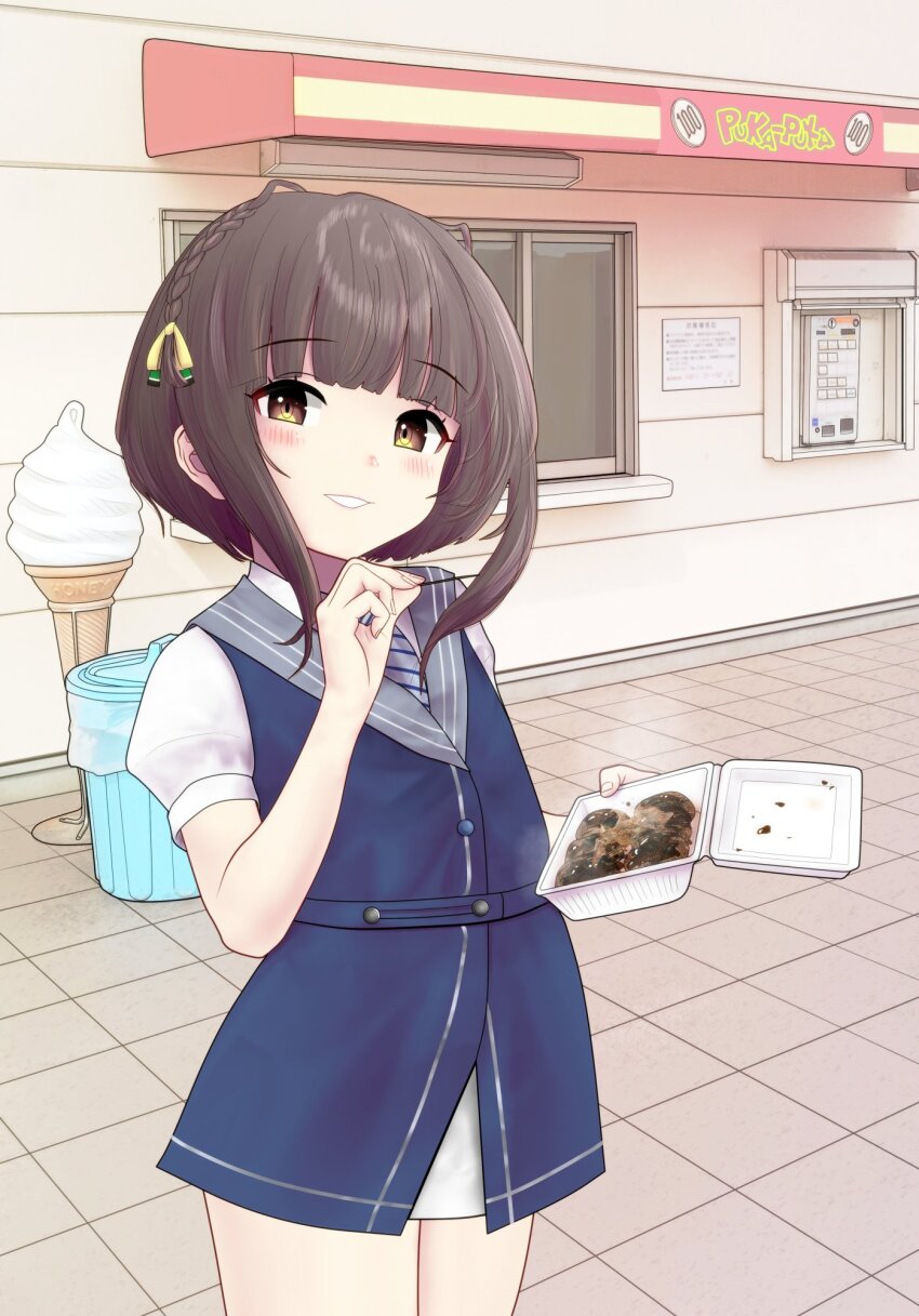 1girl black_hair blunt_bangs blush braid brown_eyes commentary_request dress eyelashes food gunnanggp hair_ribbon highres holding kantai_collection looking_at_viewer ribbon sailor_dress short_dress short_sleeves solo steam takeout_container takoyaki trash_can ukuru_(kancolle) yellow_ribbon