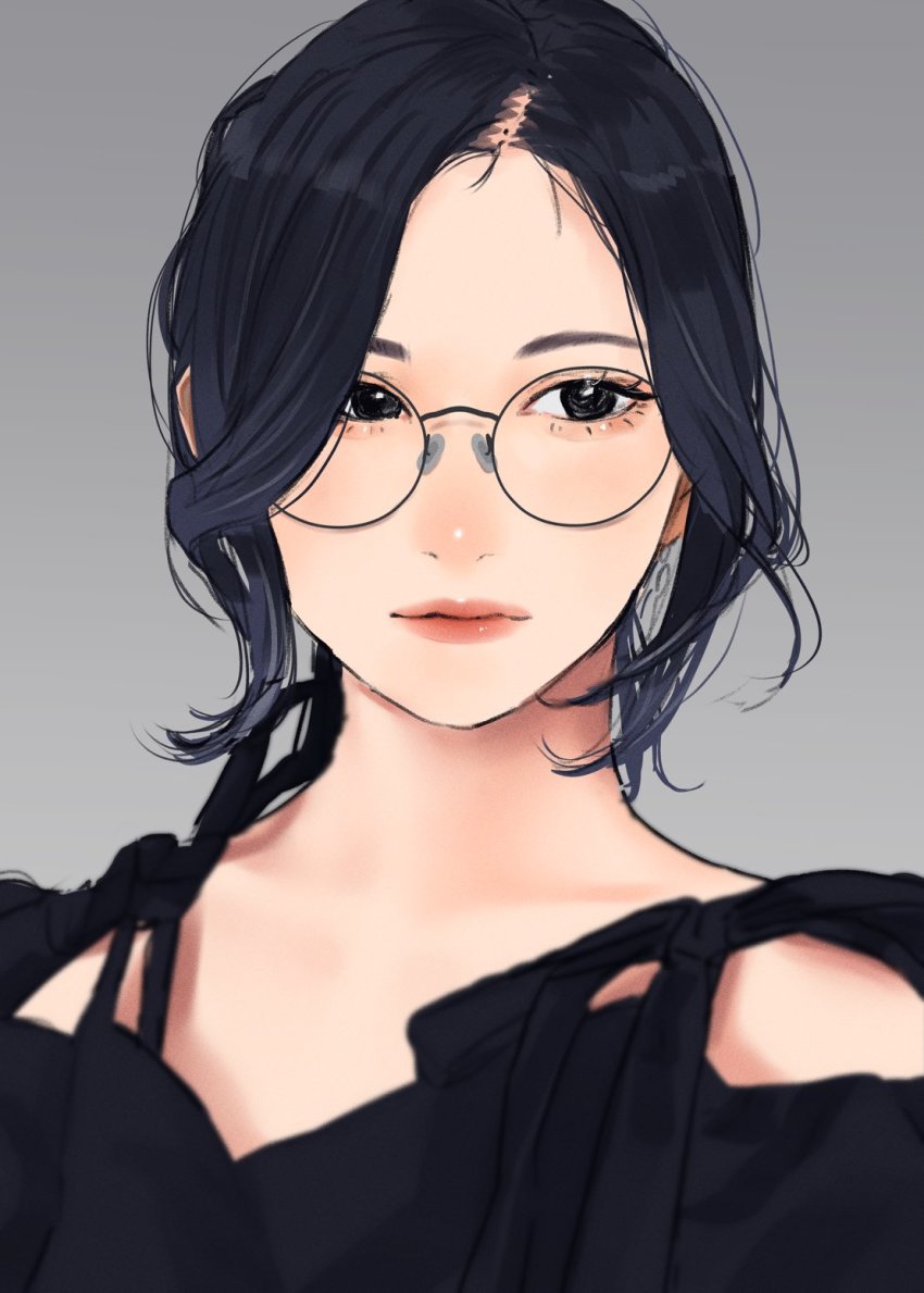 1girl bare_shoulders black-framed_eyewear black_eyes black_hair black_shirt closed_mouth collarbone glasses grey_background highres lips lipstick makeup original saitou_(lynx-shrike) shirt short_hair simple_background solo