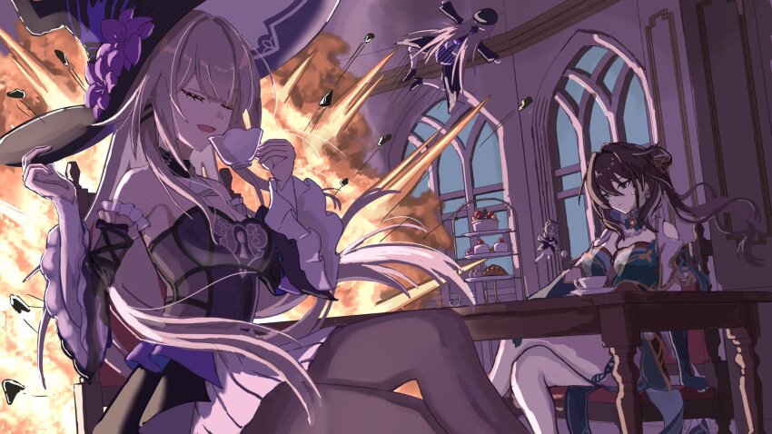 2girls bare_shoulders black_dress black_pantyhose brown_hair chair closed_eyes closed_mouth crossed_legs detached_sleeves dress explosion flower gloves green_dress green_gloves hair_between_eyes hat hat_flower herta_(honkai:_star_rail) herta_(puppet)_(honkai:_star_rail) highres honkai:_star_rail honkai_(series) indoors long_hair long_sleeves multiple_girls oimo_imonium on_chair open_mouth pantyhose purple_flower ruan_mei_(honkai:_star_rail) sitting smile the_herta_(honkai:_star_rail) witch_hat
