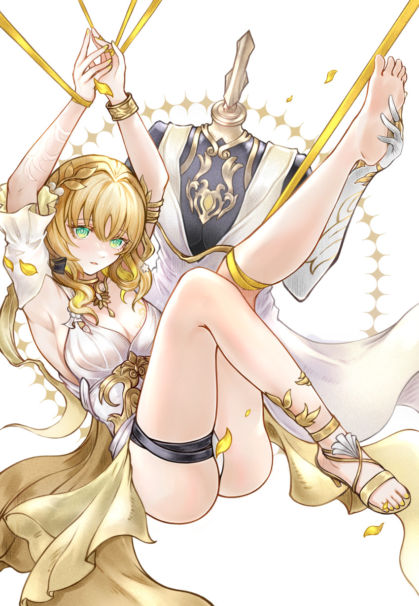 1girl absurdres afezeria aglaea_(honkai:_star_rail) aqua_eyes armpits arms_up blonde_hair bracelet breasts cleavage commentary_request detached_sleeves dress falling_petals full_body gold_bracelet hair_between_eyes hair_intakes head_wreath high_heel_sandals highres holding_another&#039;s_leg honkai:_star_rail honkai_(series) jewelry knee_up large_breasts left_shoe_removed leg_up looking_at_viewer mannequin medium_hair parted_lips petals ribbon sandals simple_background single_sandal sitting sleeveless sleeveless_dress solo thigh_strap toes white_background white_dress yellow_ribbon