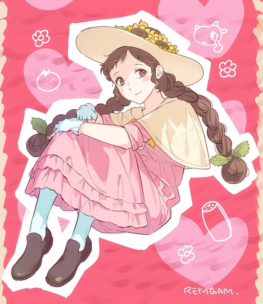 1girl ace_attorney braid brown_eyes brown_hair brown_shoes closed_mouth dress fingerless_gloves flower full_body galar_1jjang gloves hat hat_flower heart highres juniper_woods long_hair looking_at_viewer phoenix_wright:_ace_attorney_-_dual_destinies pink_background pink_dress shoes smile solo sun_hat sunflower twin_braids white_gloves