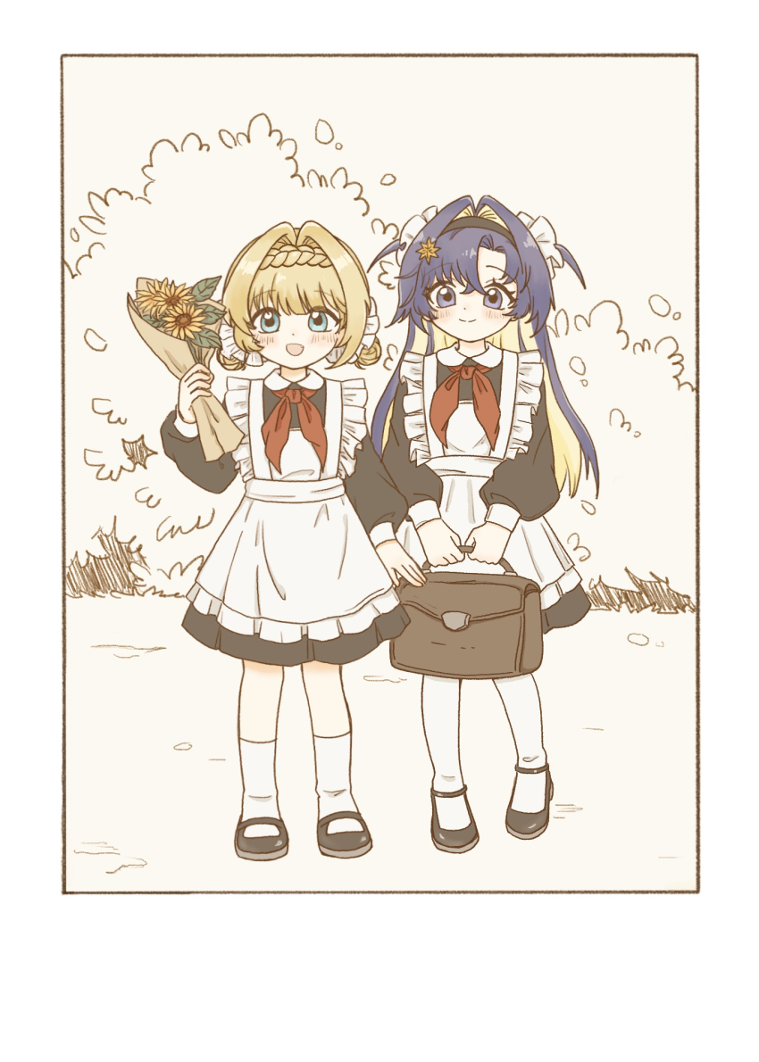:d aged_down alternate_costume apron asymmetrical_bangs bag black_dress black_hairband black_shoes blonde_hair blue_eyes blue_hair bouquet braid braided_bangs brown_bag dress flower frilled_apron frills hair_intakes hairband hand_up highres holding holding_bag holding_bouquet kiperina long_hair looking_at_viewer mary_janes medium_dress neckerchief open_mouth pantyhose plant red_neckerchief reverse:1999 school_uniform shoes smile socks soviet_school_uniform standing very_low_bun voyager_(reverse:1999) white_apron white_pantyhose white_socks wildfire_(wildfire981) yellow_background yellow_flower