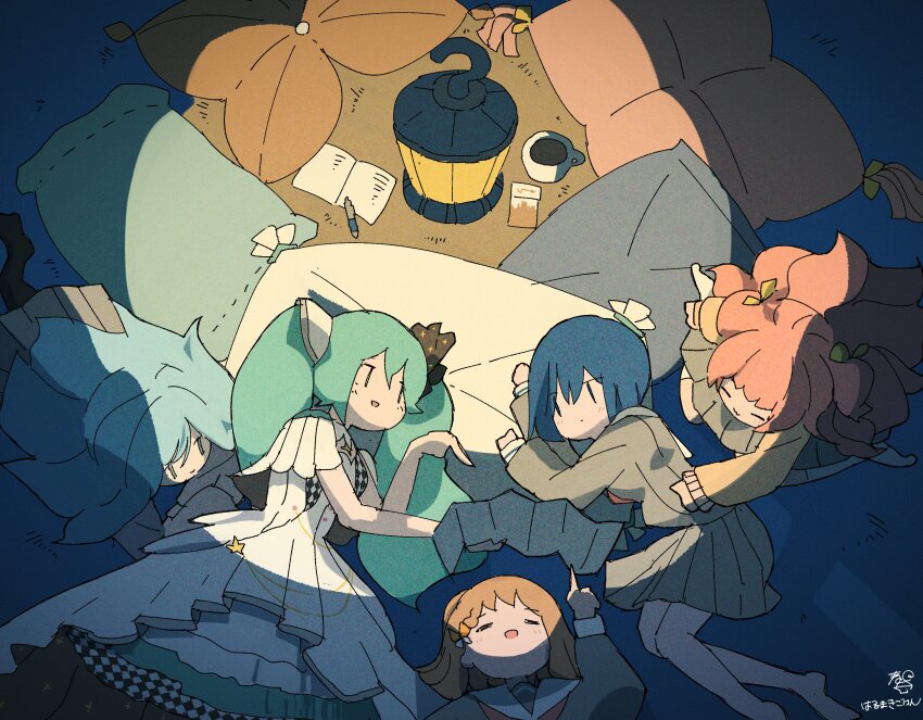 5girls absurdres aqua_eyes aqua_hair barefoot blue_eyes blue_hair book brown_hair coffee commentary_request dress film_grain grey_serafuku grey_skirt guest_art hanasato_minori harumaki_gohan hatsune_miku highres hinomori_shizuku kiritani_haruka lantern looking_at_another momoi_airi more_more_jump!_(project_sekai) more_more_jump!_miku multiple_girls no_nose official_art orange_hair pen pillow project_sekai school_uniform second-party_source serafuku skirt sleeping twintails vocaloid white_dress