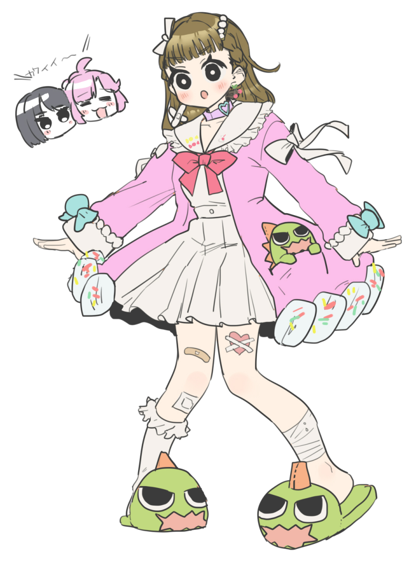 3girls :3 :d :o =_= ahoge animal_slippers anyoji_hime bandage_on_thigh bandaged_leg bandages black_hair blush bow bowtie braid brown_hair center-flap_bangs chibi chibi_inset choker collarbone commentary cosplay dress frilled_sailor_collar frills full_body gauze_on_knee gonzales_(love_live!) hakuchu_a_la_mode head_only highres kachimachi_kosuzu karaoke_hasu_no_sora link!_like!_love_live! long_hair long_sleeves love_live! momose_ginko multiple_girls muma_(meganeltuko) open_mouth osawa_rurino osawa_rurino_(cosplay) pink_dress pink_hair purple_choker red_bow red_bowtie sailor_collar side_ahoge side_braids single_sock slippers smile socks standing straight_hair stuffed_dinosaur translation_request v-shaped_eyebrows virtual_youtuber white_dress white_sailor_collar