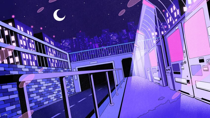 brick_wall building city_lights cityscape commentary crescent_moon dutch_angle highres lamppost light_rays moon nakazawa_ayami night night_sky no_humans original outdoors road scenery sidewalk sky skyline star_(sky) street tunnel urban vending_machine