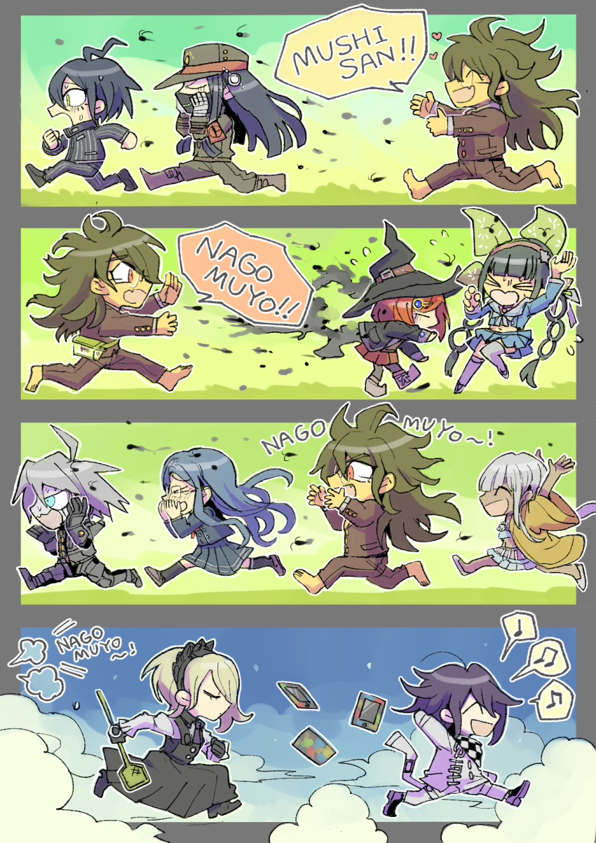 &gt;_&lt; 5boys 5girls ahoge arms_behind_head arms_up barefoot black_hair black_hat black_jacket blue_hair brown_pants bug chabashira_tenko chibi chibi_only danganronpa_(series) danganronpa_v3:_killing_harmony flyswatter glasses gokuhara_gonta grey_hair hat highres holding jacket k1-b0 kumakoro_(tetsupag) maid_headdress mask midriff mouth_mask multiple_boys multiple_girls oma_kokichi open_mouth pants pleated_skirt red_hair romaji_text running saihara_shuichi shinguji_korekiyo shirogane_tsumugi short_hair skirt speech_bubble tojo_kirumi translation_request witch_hat yonaga_angie yumeno_himiko