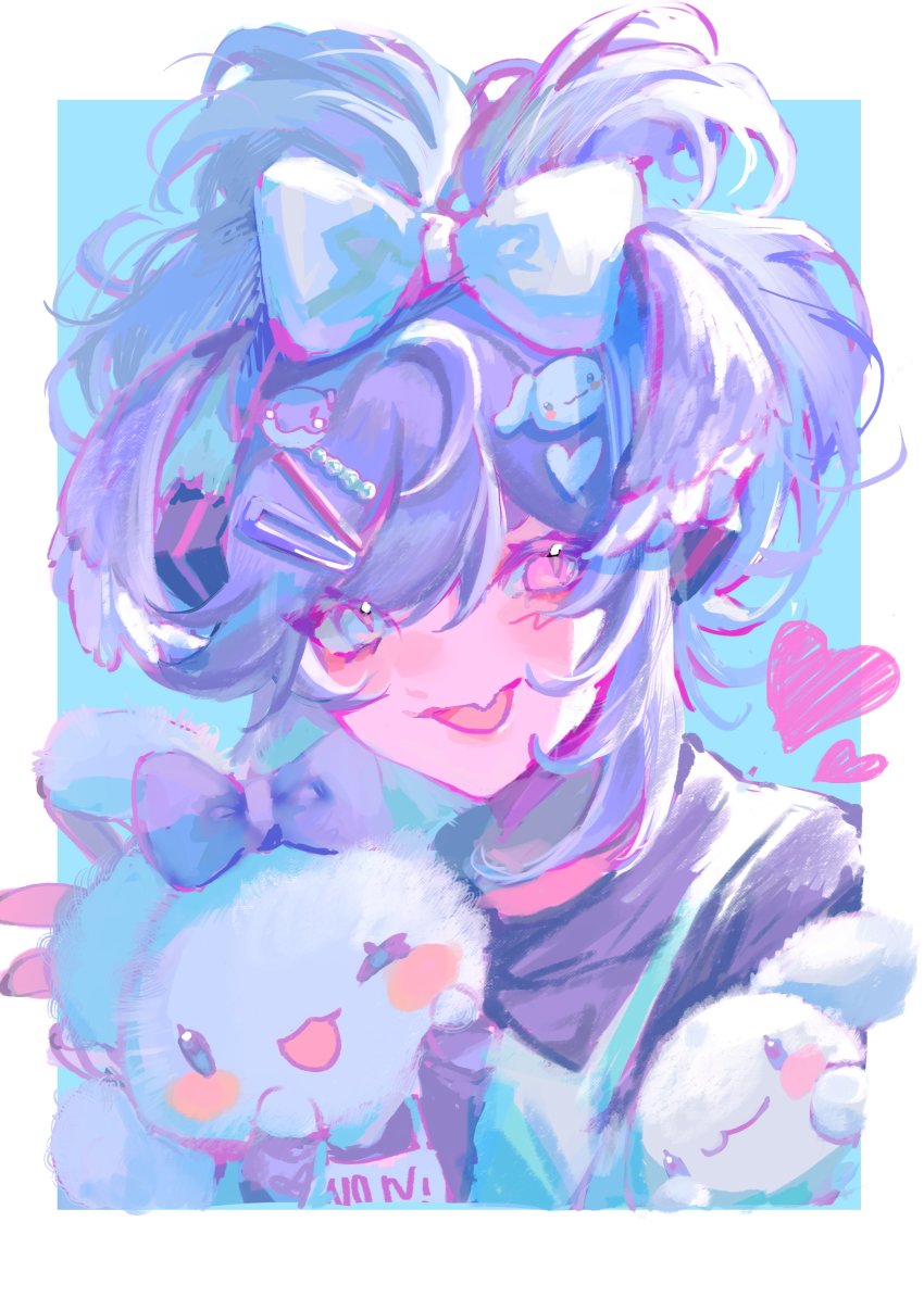 1girl absurdres blue_background blue_eyes border borrowed_hairstyle bow cinnamiku_hairstyle cinnamoroll cosplay creature crossover double_bun ear_bow fuwa_fuwa_cinnamoroll hair_bow hair_bun hair_ornament hair_rings hairclip hairpin head_wings heart heterochromia highres holding holding_creature myun_(myun_art) nijisanji nijisanji_en outside_border purple_eyes purple_hair purple_wings sanrio selen_tatsuki selen_tatsuki_(cosplay) tied_ears updo virtual_youtuber white_border white_bow wings