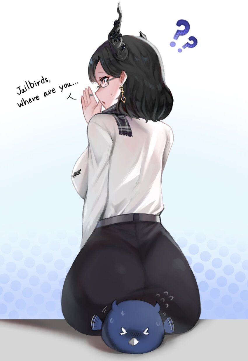 ? ?? ass asymmetrical_horns black_hair black_skirt breasts confused earrings from_behind high-waist_skirt highres hololive hololive_english horns iggy2077 jailbird_(nerissa_ravencroft) jewelry large_breasts medium_hair mole mole_under_eye nerissa_ravencroft nerissa_ravencroft_(casual) purple_eyes semi-rimless_eyewear shirt sitting_on_animal skirt under-rim_eyewear uneven_horns virtual_youtuber white_shirt