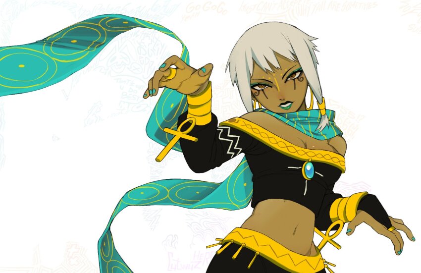 1girl alternate_costume alternate_design ankh black_shirt blue_eyeshadow blue_nails blue_scarf bracelet breasts bridal_gauntlets brown_eyes cleavage cortaunatijera crop_top earrings eyeshadow fingernails gold_bracelet grin hands_up highres hoop_earrings jazz_(jsr) jet_set_radio jet_set_radio_future jewelry long_sleeves looking_at_viewer makeup multiple_bracelets nail_polish navel off-shoulder_shirt off_shoulder parted_lips scarf shirt short_hair smile solo upper_body white_background white_hair