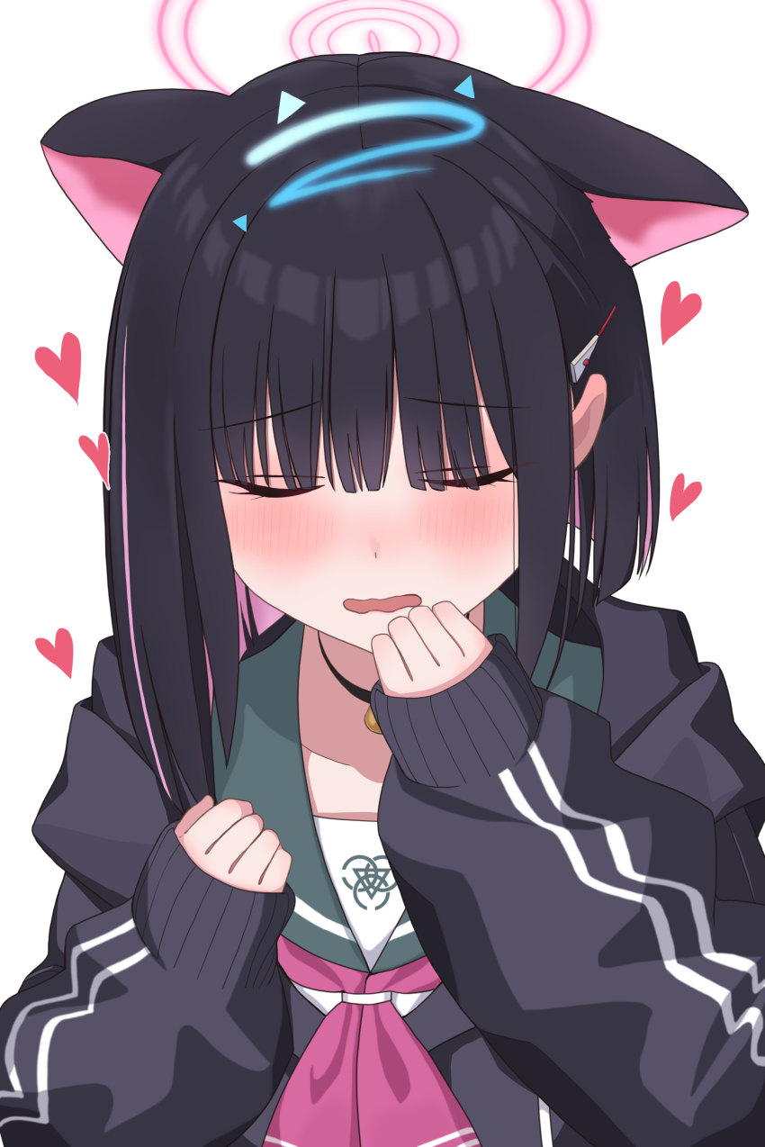 1girl absurdres animal_ears black_choker black_hair black_jacket blue_archive blush cat_ears cat_girl choker closed_eyes colored_inner_animal_ears colored_inner_hair extra_ears green_sailor_collar halo headpat highres jacket kazusa_(blue_archive) multicolored_hair neckerchief onsen_(asnrtnbrsiku) open_mouth pink_hair pink_halo pink_neckerchief sailor_collar short_hair sleeves_past_wrists solo two-tone_hair