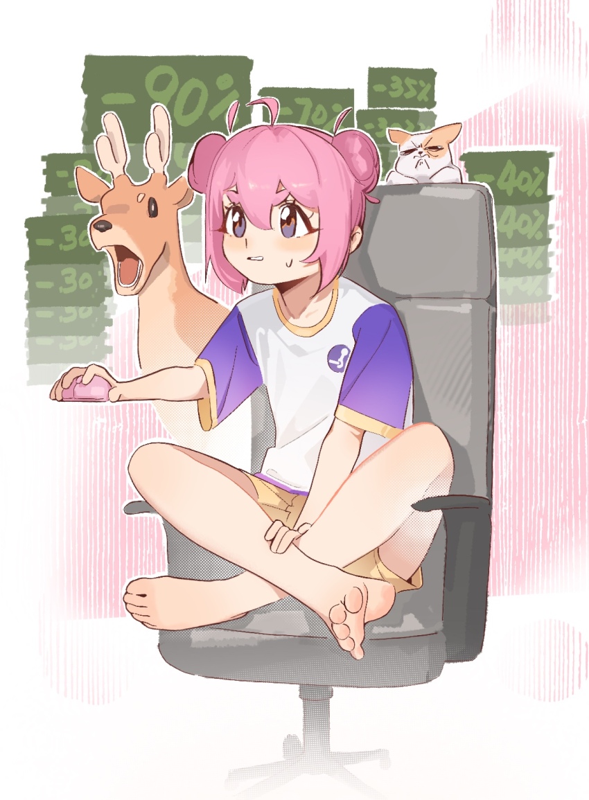ahoge bare_legs barefoot blue_eyes blush cat chair commentary computer_mouse crossed_legs deer double_bun english_commentary feet full_body hair_bun hand_on_own_thigh highres holding_computer_mouse legs long_hair office_chair open_mouth pink_hair shirt short_sleeves shorts sitting soles steam_(platform) steam_delivery_girl sweatdrop swivel_chair t-shirt thick_eyebrows toes v.a._(vanilla) white_shirt wide_sleeves yellow_shorts